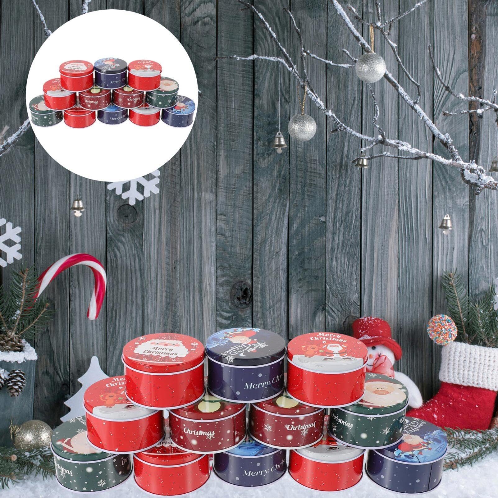 Lot de 12 boîtes à biscuits rondes en métal de Noël pour cadeaux de vacances – Boîtes décoratives pour bonbons – Petite boîte à bonbons avec couvercles (couleur assortie)