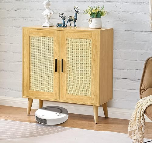 Miniatura 7 de HOMSHO Aparador de ratán con puertas dobles y estantes ajustables, gabinete de almacenamiento de piso bohemio, armario de acento para comedor, sala