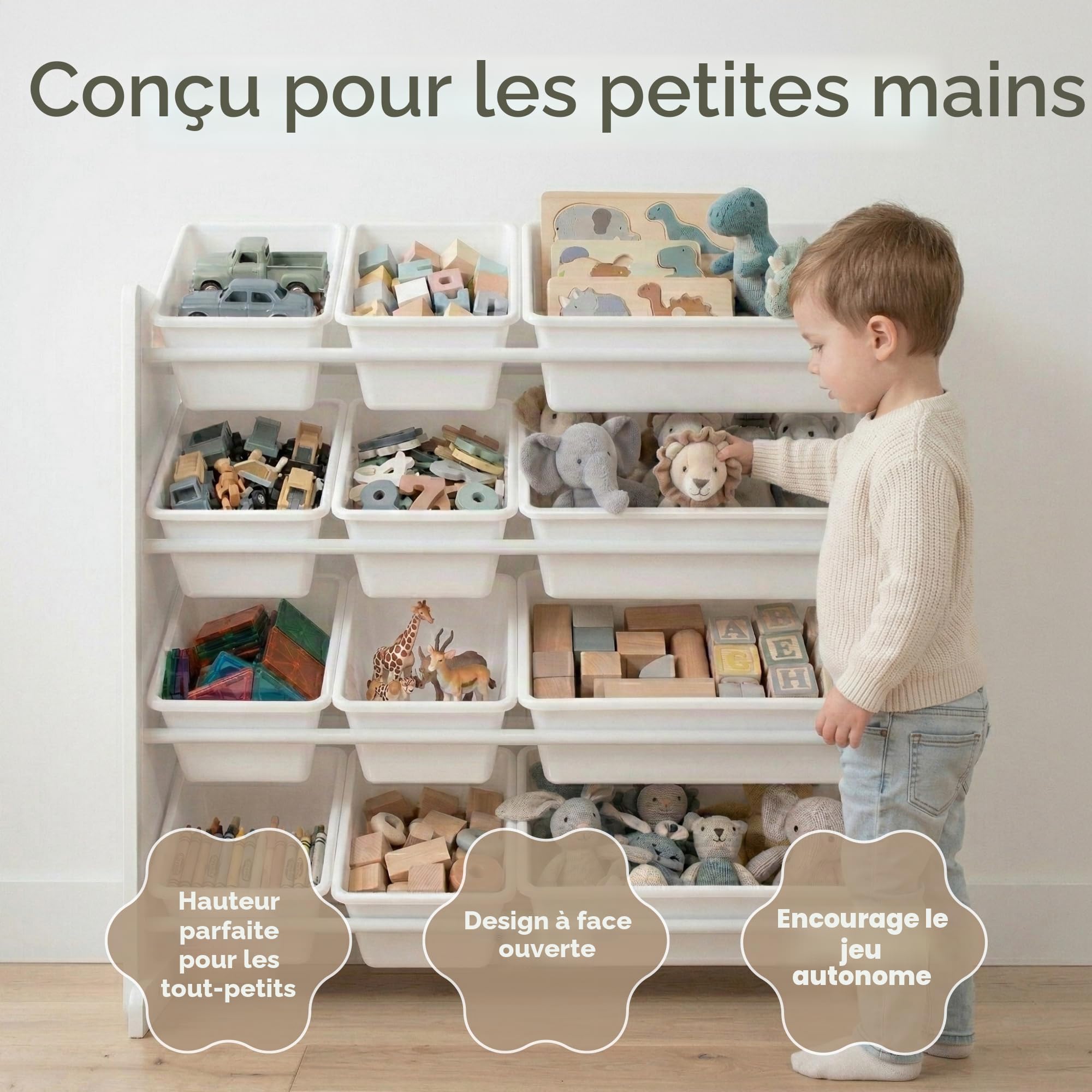 Humble Crew WO565 Étagère pour Enfants - Organisateur de Jouets avec 12 Bacs de Rangement, Blanc/Blanc