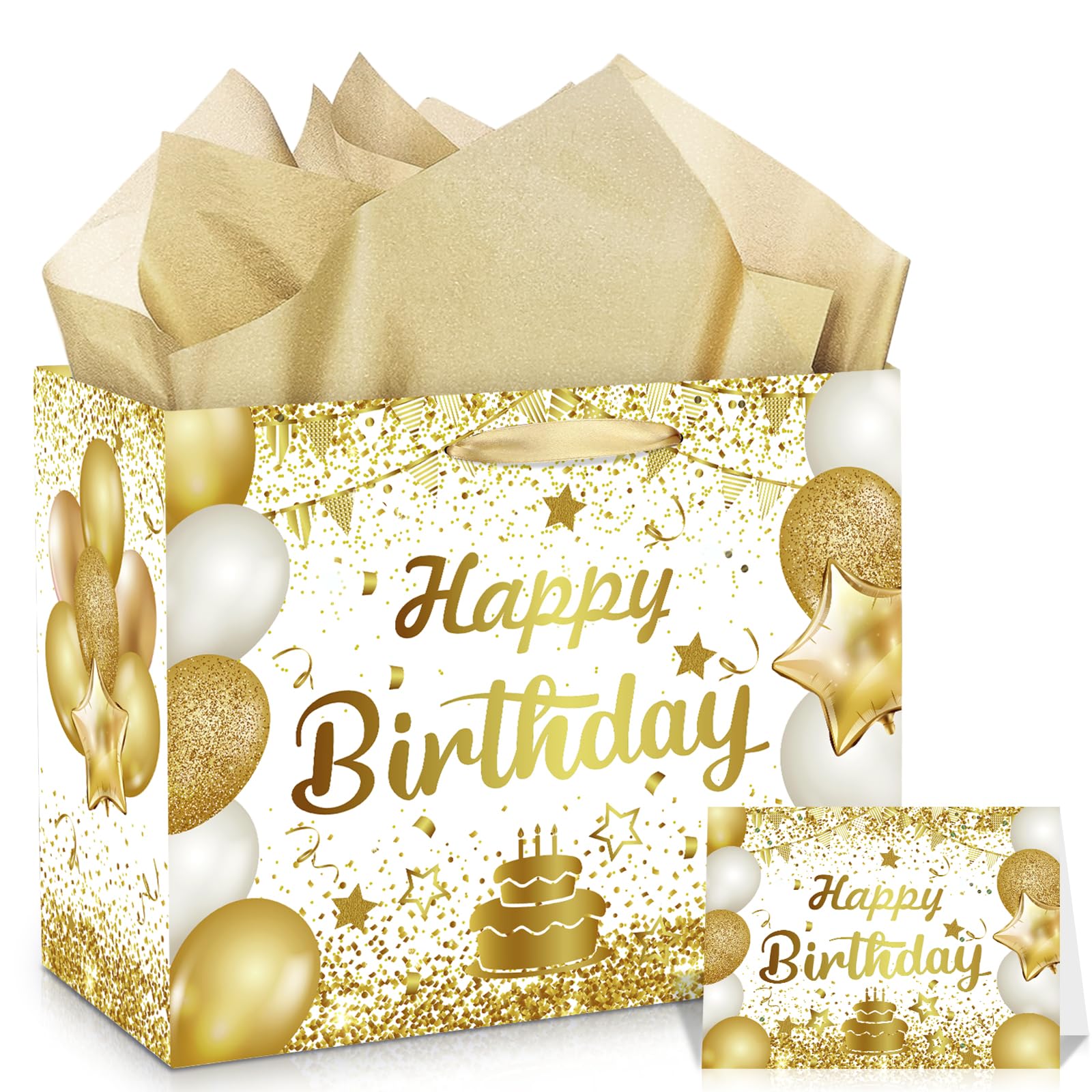 Gold Birthday Gift Bag with Tissue Paper and Greeting Card,11.8" White and Gold Happy Birthday Wrap Bag for Women Men Kids Anniversary Party Decorations Goodie Wrapping Bag Presents Decor Supplies