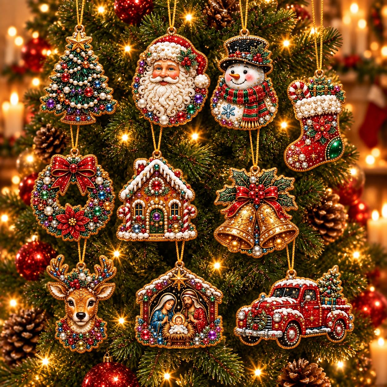 10PCS Christmas Pearl Diamond Painting Hanging Ornament Art Kit for Adults