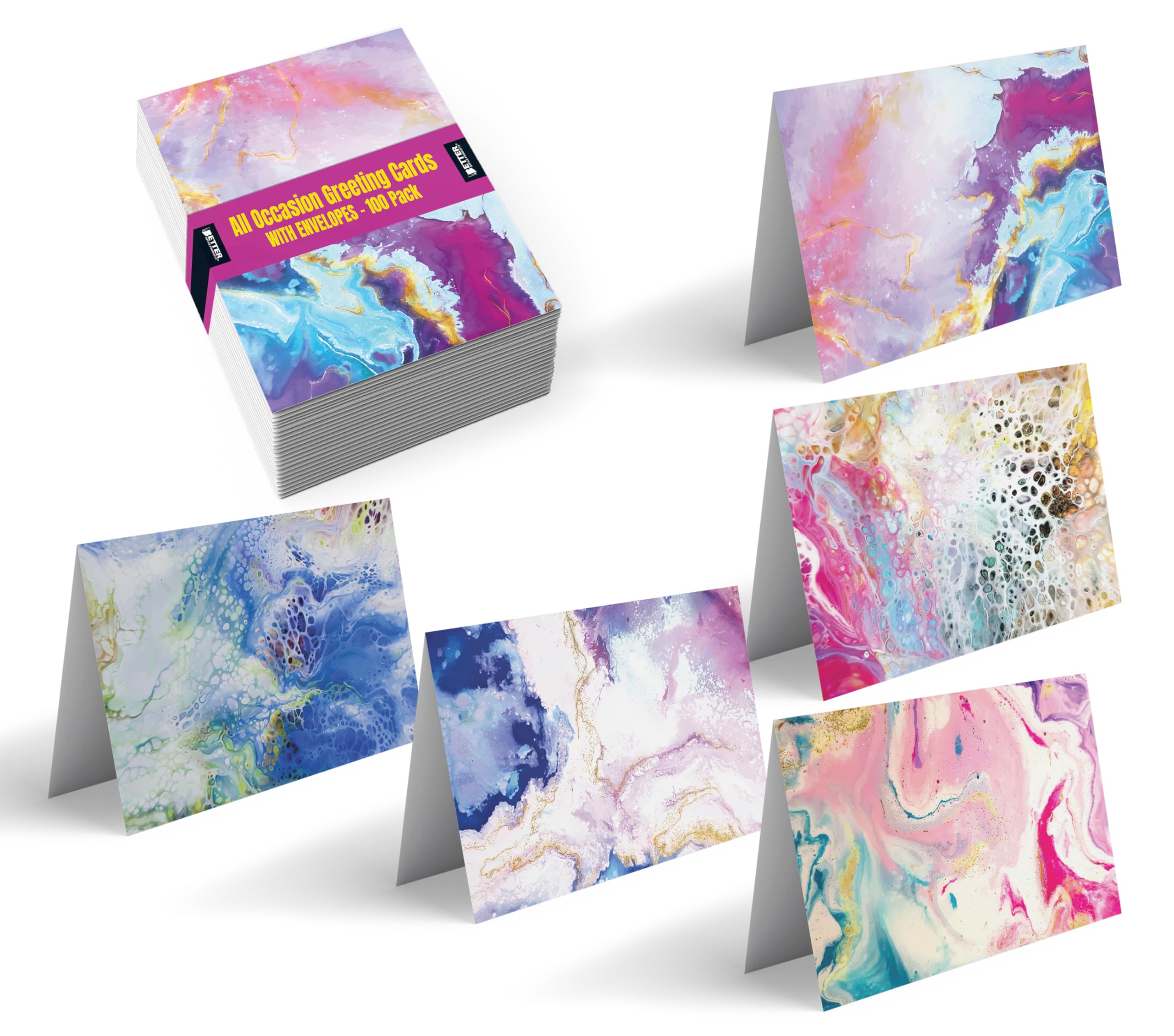Better Office Products 100-Pack All Occasion Greeting Cards, Assorted Blank Note Cards, 4 x 6 inch, 5 Abstract Art Designs, Blank Inside, with Envelopes, 100 Pack