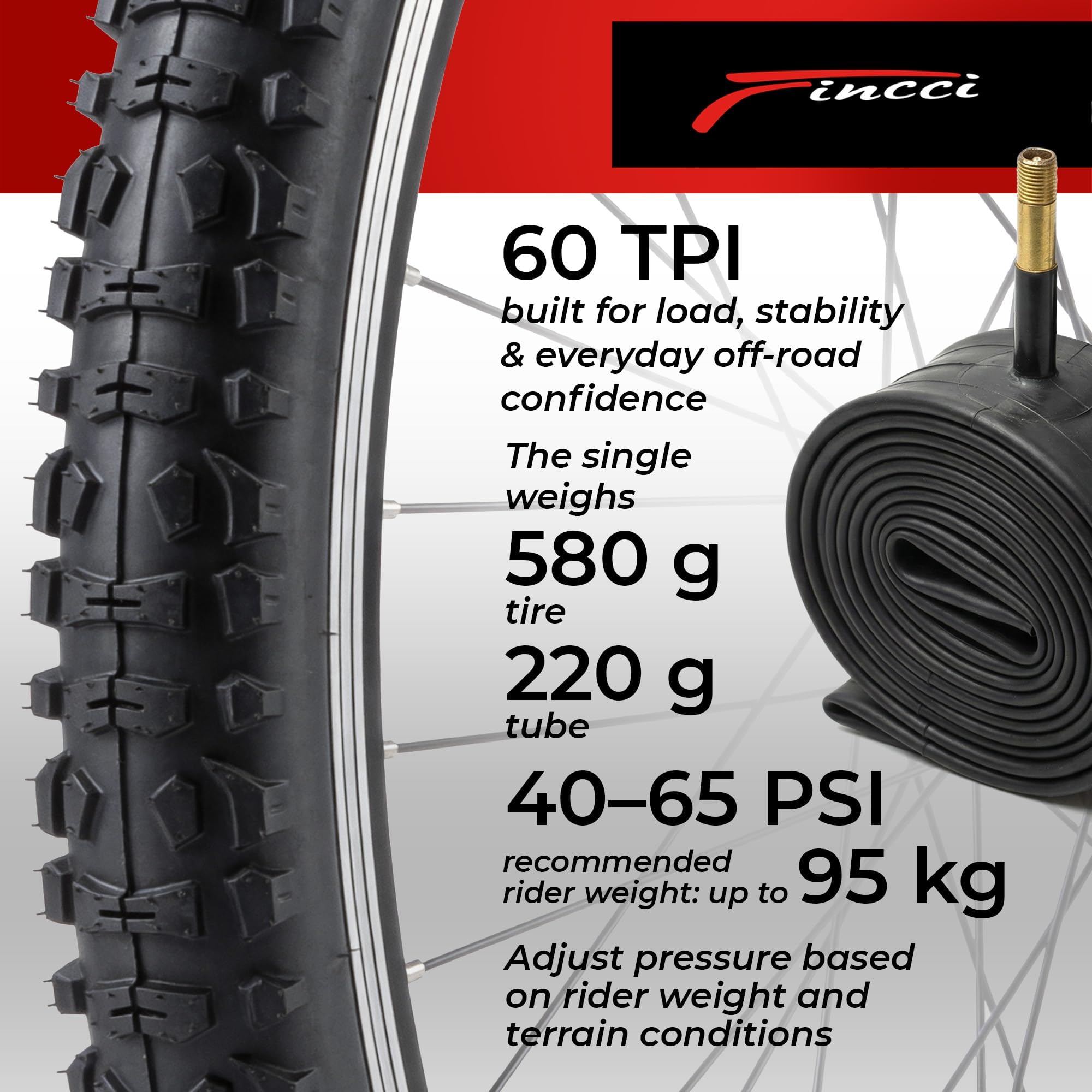 Fincci Zestaw Opon Rowerowych 26 x 1,95 cali z 2 x Dętką 26 cali Schrader - Składana Para Opon Rowerowych 50-559 na Rowery Górskie, Hybrydowe, Elektryczne - Pakiet 2