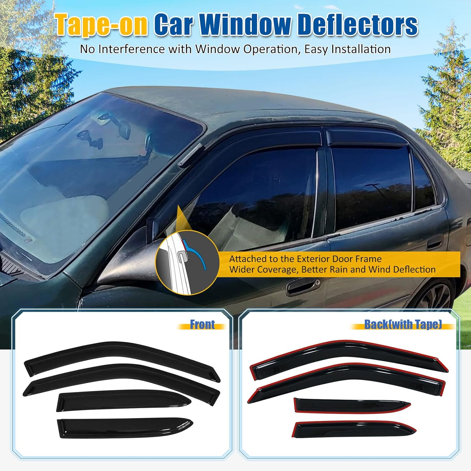 FREEMOTOR802 Tape-on Car Window Deflectors Fits 1998-2002 Toyota Corolla/Chevrolet Prizm, Rain Guards Side Window Visors Wind Deflectors Vent Visors Slim Style Smoke Tinted Acrylic 4 PCS