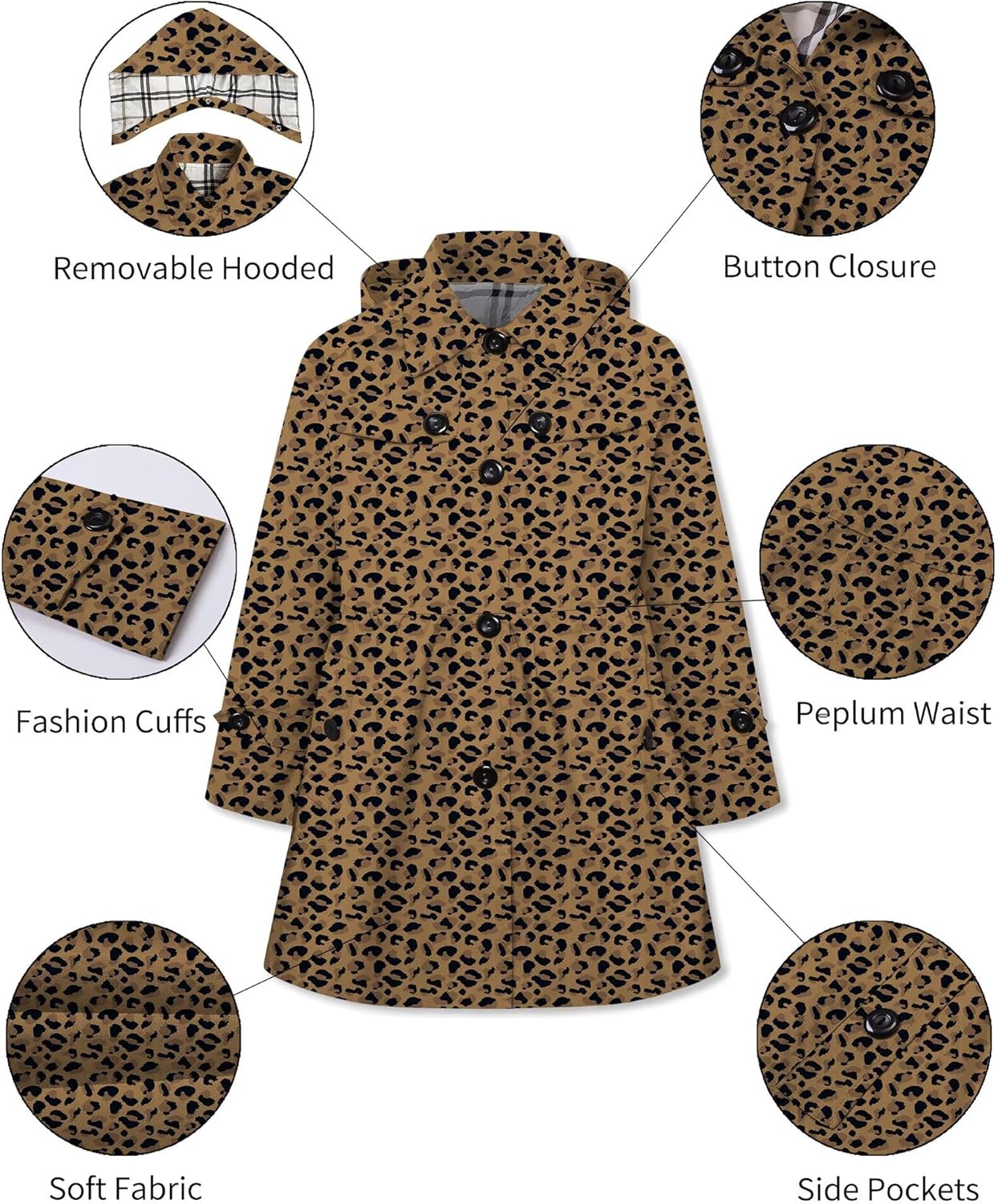 Betusline Girl's Waterproof Hooded Trench Coat Single Breasted Rain Jackets Outerwear, 2-14 Years - Image 6