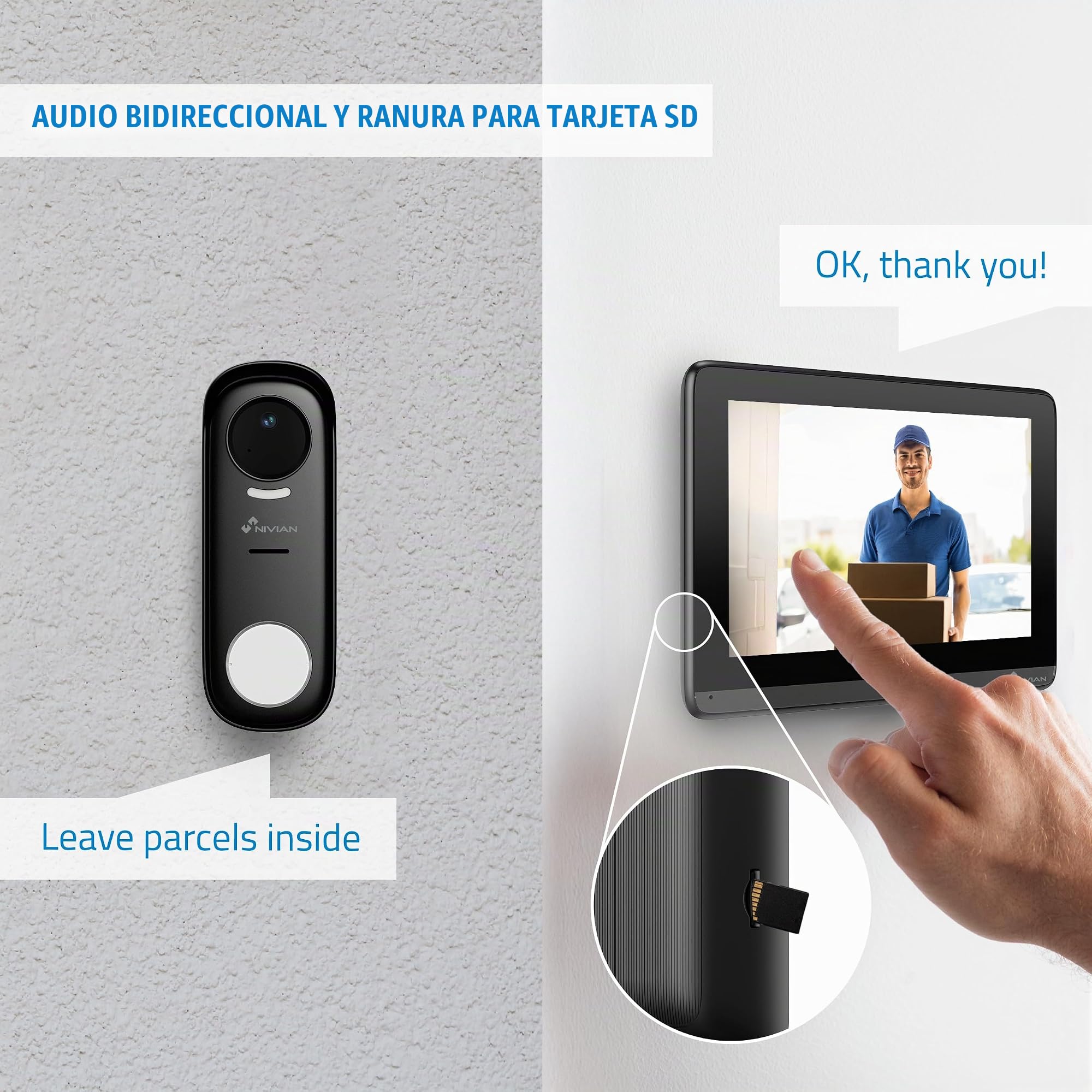 NIVIAN Videoportero Inteligente Inalámbrico WiFi con Monitor Táctil 7” Full HD, App Tuya, Audio Bidireccional y Abrepuertas Remoto, Placa Exterior IP65 con Visión Nocturna – Smart Security