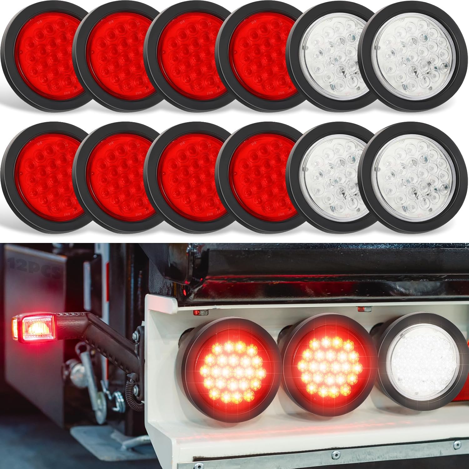 Retisee 12 Pcs 4 Inch Round Trailer Lights 24 LED Trailer Lights 12V LED Brake Turn Reverse Signal Tail Marker with Waterproof Rubber Gaskets for Boat Truck RV(Red, White)