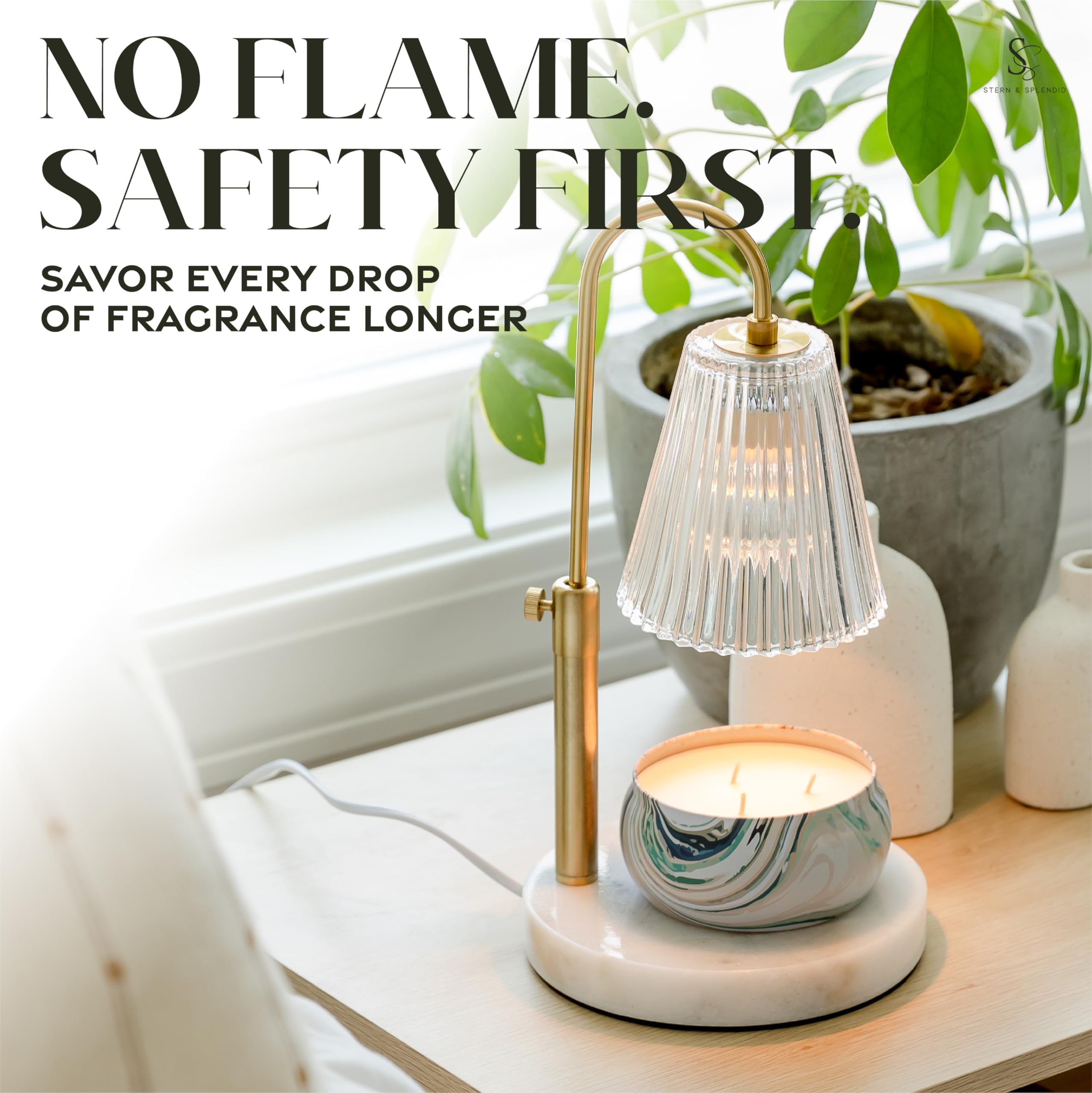 Lampada riscaldante senza fiamma per candele in vaso grande e piccola - riscaldatore per candele elettrico con base in marmo grande e altezza regolabile - melter candela con timer e 4 lampadine