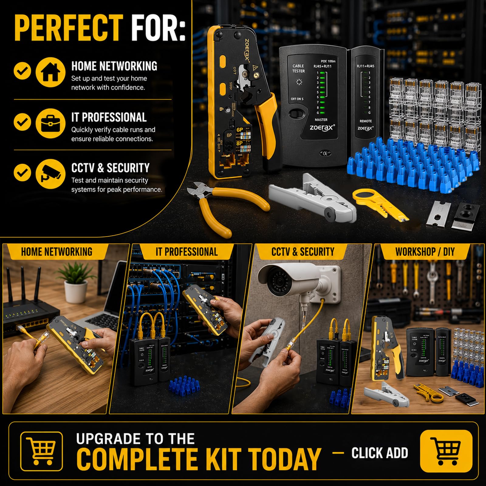 Outil de sertissage Cat7 RJ45, Cat 7, Cat6, Cat5, kit d'outils de sertissage réseau avec testeur de câble, dénudeur multiplié, lames, 50 connecteurs Cat 6 et bottes anti-traction