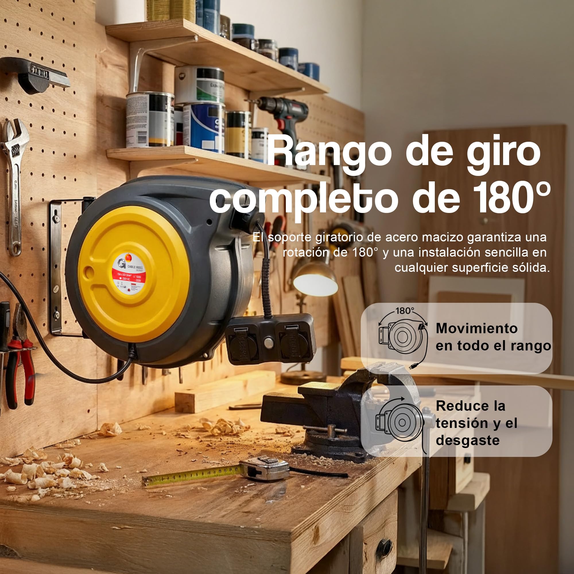 G Carrete de cable eléctrico automático 1,5 mm² × 15 m – Carrete retráctil inteligente con soporte giratorio para taller, garaje y jardín
