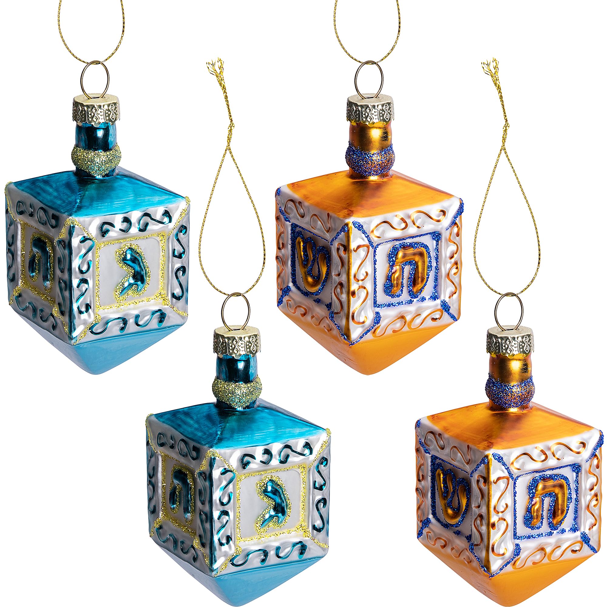 4 Pcs Hanukkah Glass Blown Ornaments, Glass Jewish Dreidel Ornament, Hanukkah Hanging Tree Ornaments for Chanukah Christmas Home Party Decoration