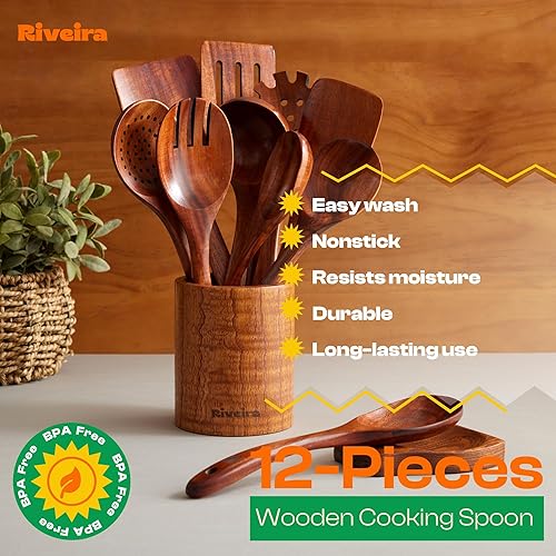 Miniatura 5 de Riveira Juego de utensilios de cocina de teca oscura, juego de utensilios de cocina no tóxicos de 12 piezas, cucharas de madera para cocinar,