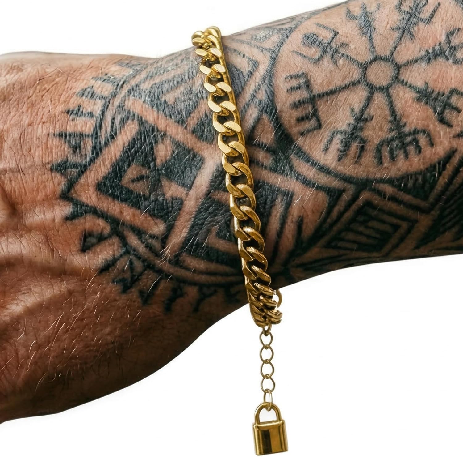 Leporem Mens 18K Gold Plated Chain Bracelet Collection 7.5 Plus 1.2 Inch Extender Waterproof Premium Stainless Steel Jewelry with Signature Padlock Charm