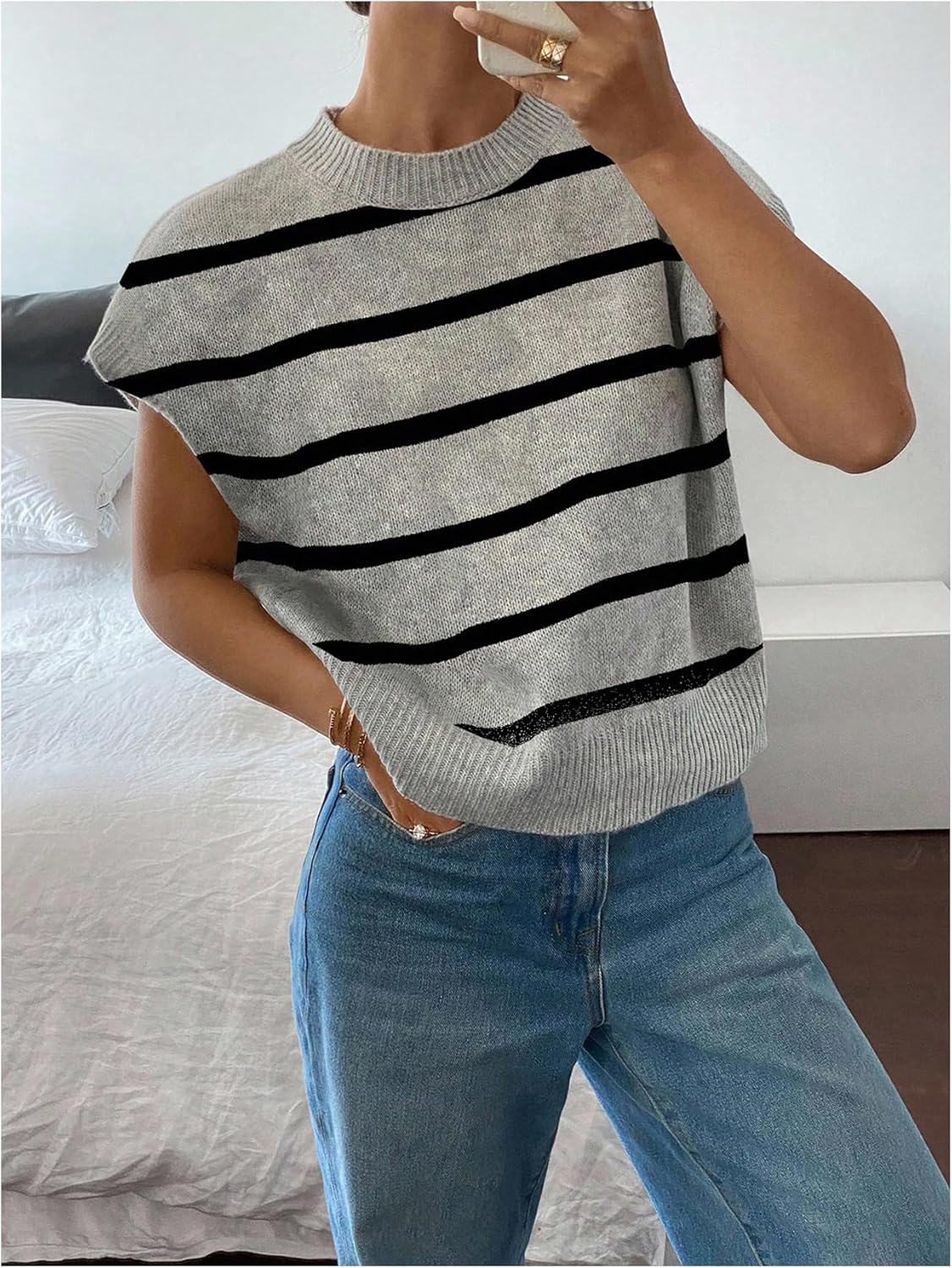 SOLY HUX Women's Short Sleeve Sweater 3D Floral Sweaters Pullover Tank Tops Knit Vest Trendy Fashion Clothing Grey Striped Large - Image 2
