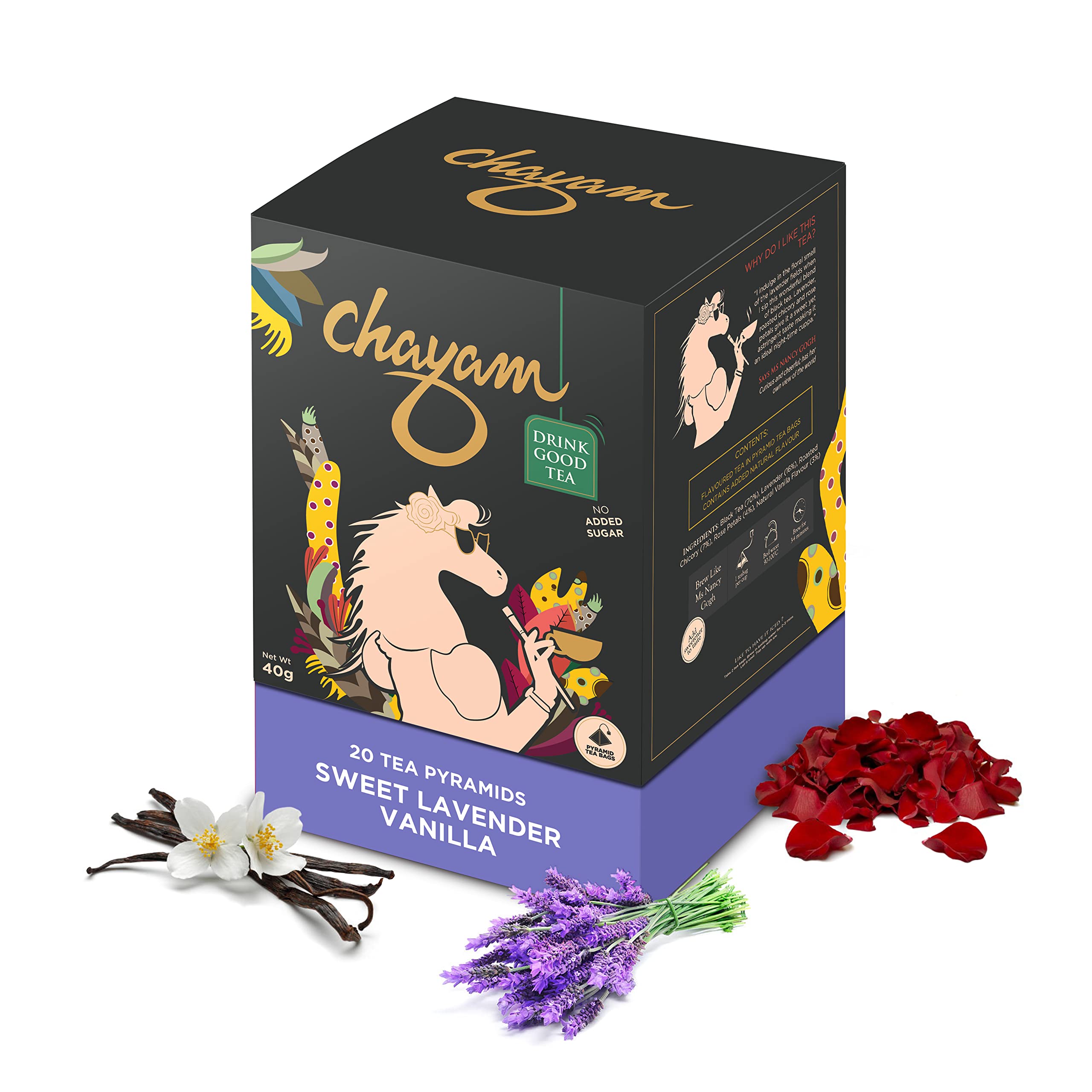 CHAYAM Lavender Vanilla Black Tea Bags | 20 Pyramid Bags | Calming Floral Blend with Dried Lavender, Rose Petals Green Tea & Natural Vanilla | De-Stress & Sleep Support | No Added Sugar, Naturally