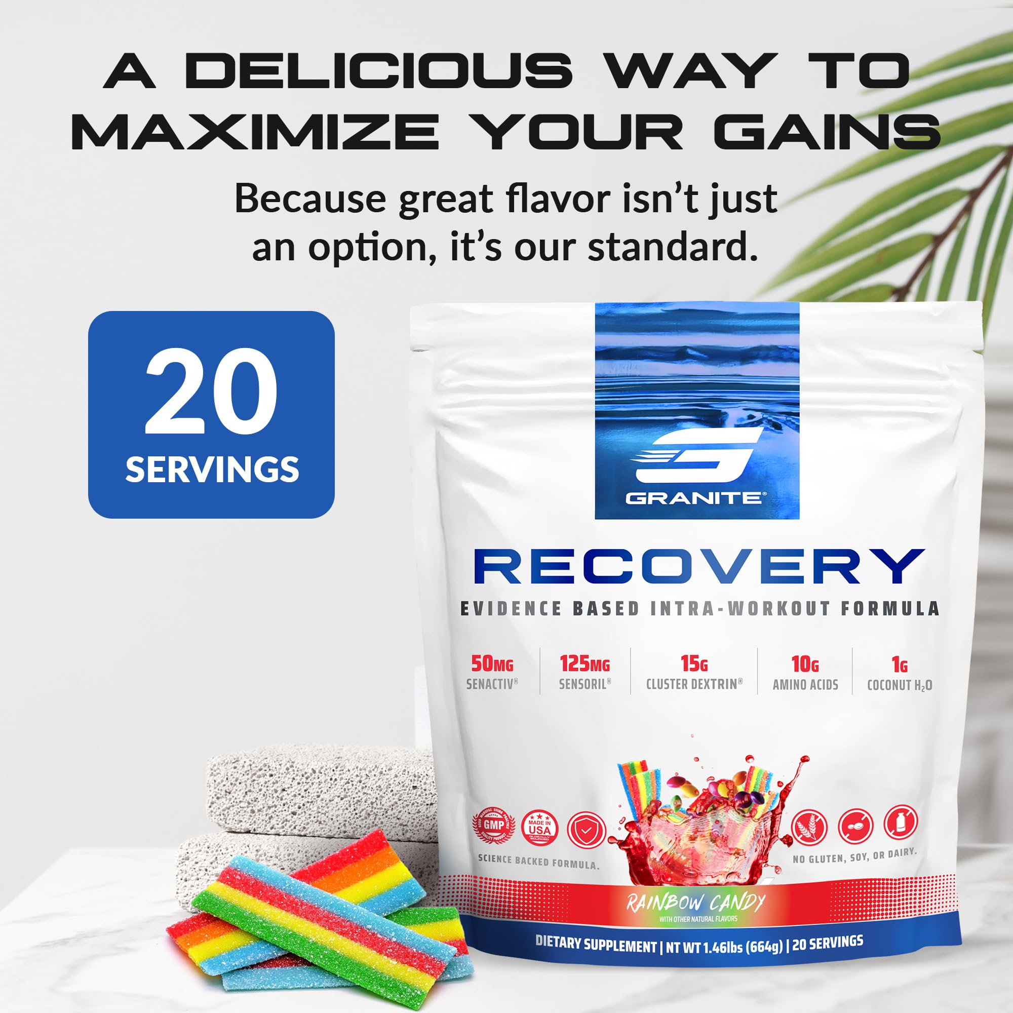 (inv) Granite Nutrition Recovery - Premium Intra-Workout Drink with EAAs, Cluster Dextrin, Sensoril & Senactiv for Athletic Performance and Lean Muscle Gains - Rainbow Candy Flavor (20 Servings)