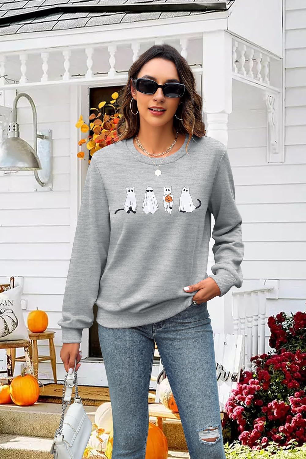 MNLYBABY Halloween Cat Sweatshirt Women Funny Cat Ghost Graphic Shirt Gifts Spooky Long Sleeve Crewneck Shirt Tops - Image 4