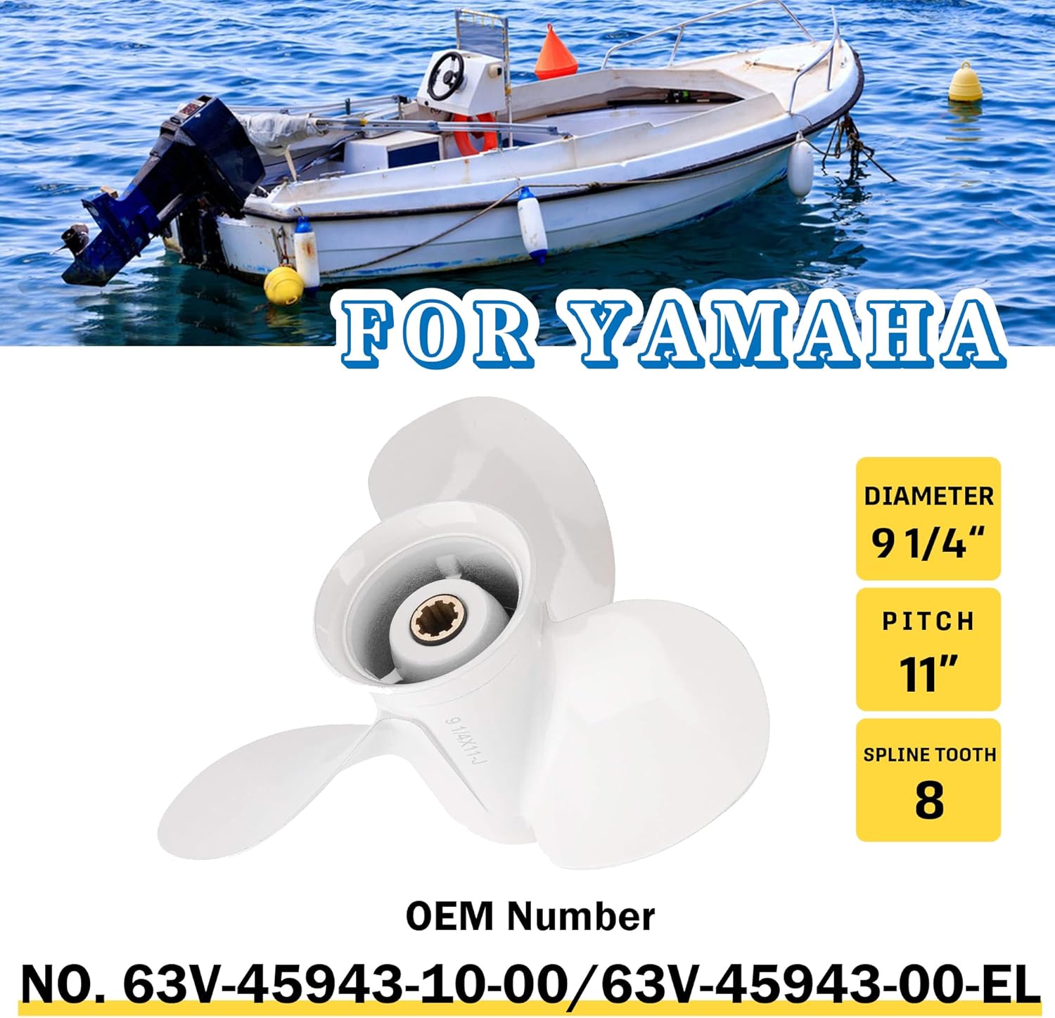 9 1/4x11-J OEM Aluminum Alloy Boat Propeller for Yamaha 9.9HP 15HP Outboard Motor 63V-45943-10-00 63V-45943-00-EL 9.25x11 8 Spline Tooth