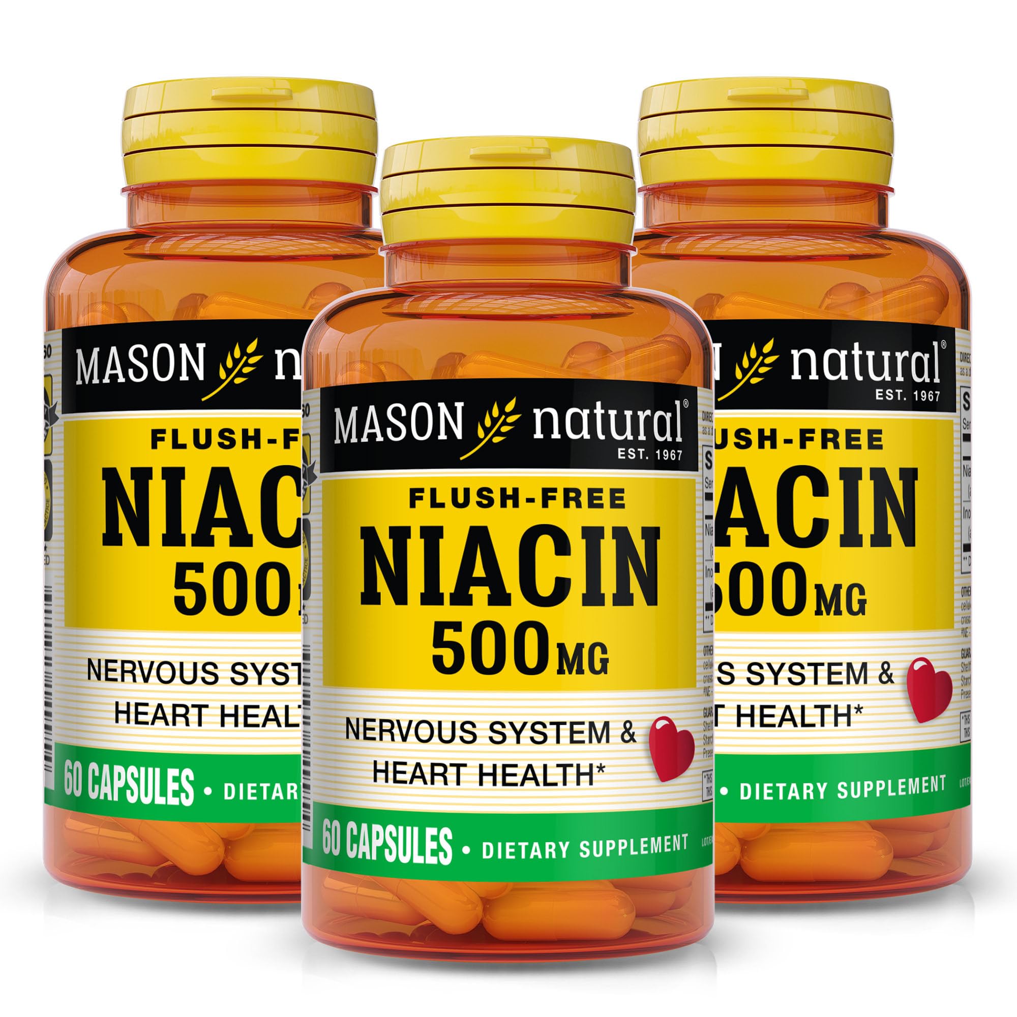 MASON NATURAL Niacin 500 mg Flush-Free, Supports Heart Health, Nervous System & Energy Production, 60 Capsules, Pack of 3
