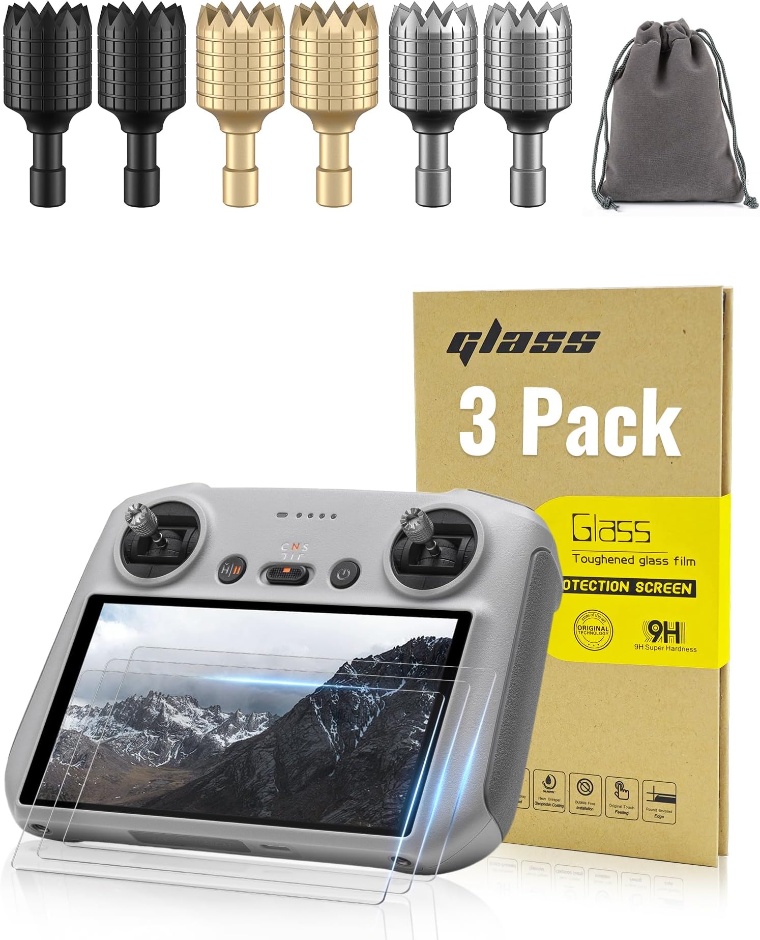 LKTOP Screen Protector+Joysticks for DJI 𝗥𝗖/𝗥𝗖𝟮 Remote Controller Accessories, 3 Set HD Tempered Glass Film Controller Sticks for DJI Mini 5 Pro/Mini 4 Pro, Mini 3/Mavic 3/Air 3 Series, Air 2S