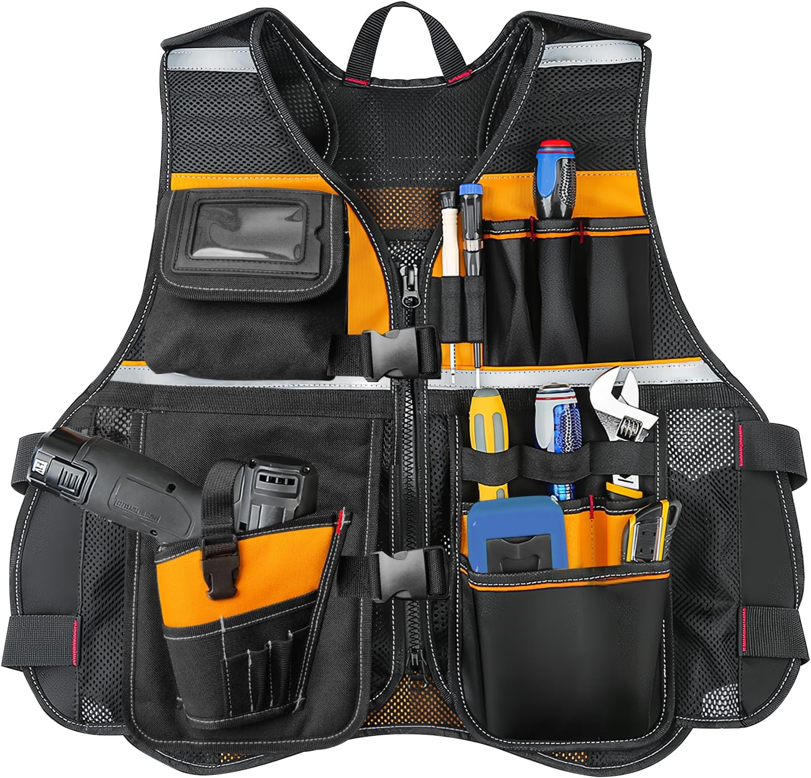 Electrician's 15-Pocket Reflective Safety Vest - Men's Tool Vest for Handyman, Carpenter & Construction