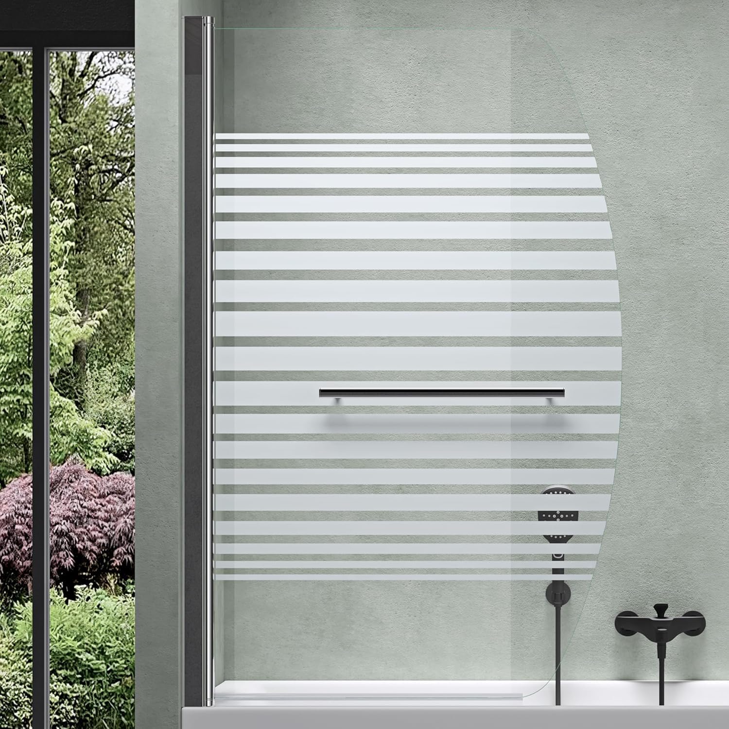 Mai & Mai Bath Shower Screen for Baths | Bath Screen | WH: 95×140cm | Safety Glass with Nano | Handle Bar as Towel Rail | 1 Folding Curved Screen | Frosted Striped Glass | Cortona112S