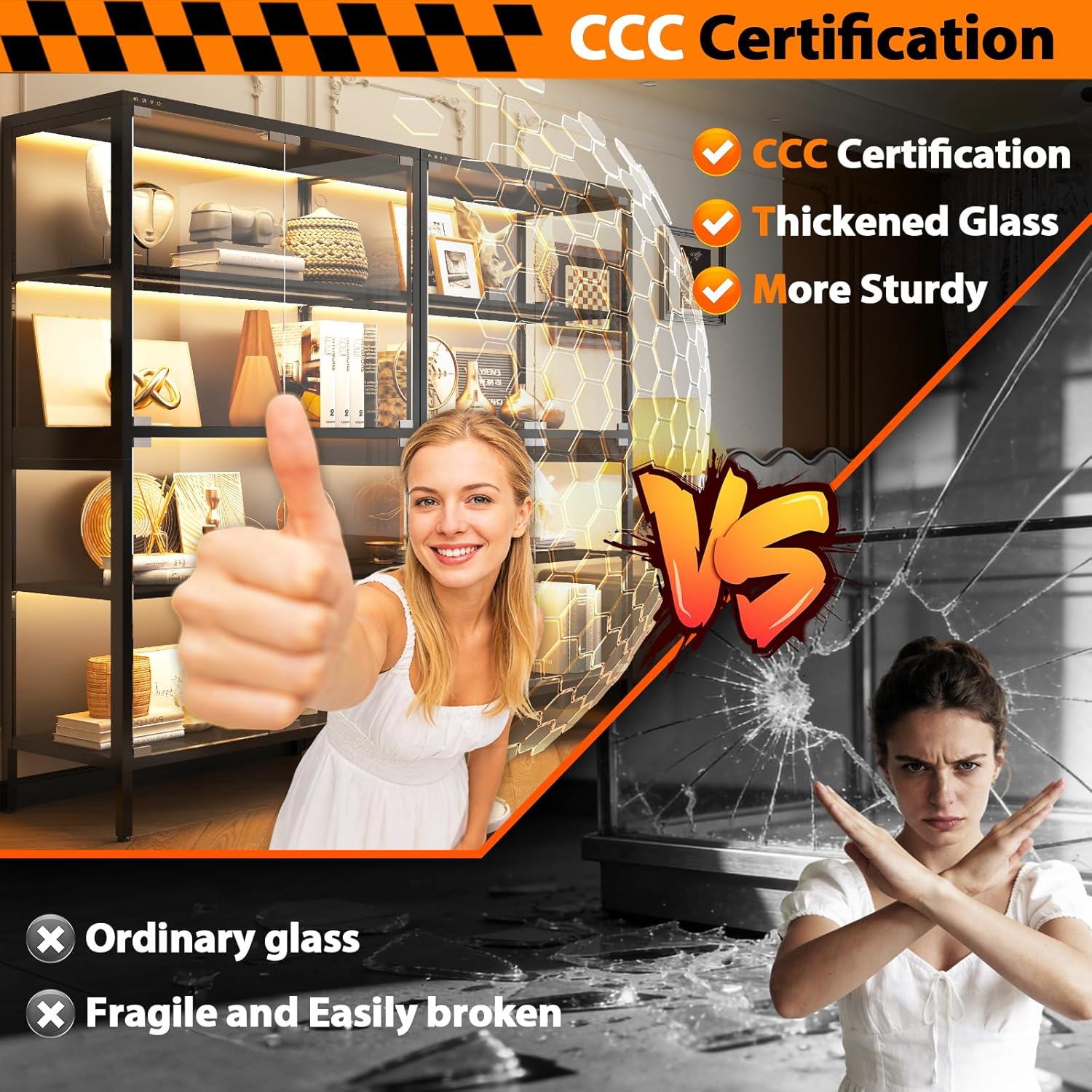 4-Tier Display Cabinet with Glass Doors, Adjustable Display Case, Curio Cabinet with 5 Color Lights, Glass Display Cabinet with Human Body Sensor, Display Cases for Collectibles, Lego, 65"H*32"W*16"D