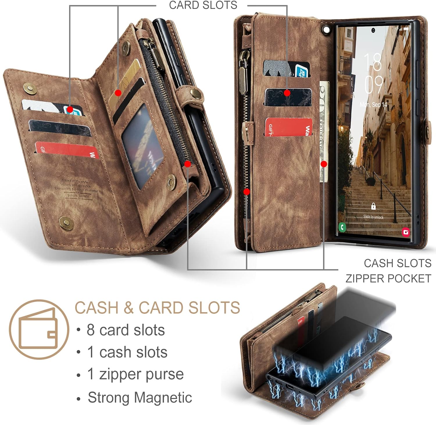 Asuwish Phone Case for Samsung Galaxy S23 Ultra 5G Zipper Wallet Detachable Cover with Screen Protector and Leather Flip Cash Card Holder Cell Accessories S23ultra 23S S 23 S23ultra5g Women Men Brown