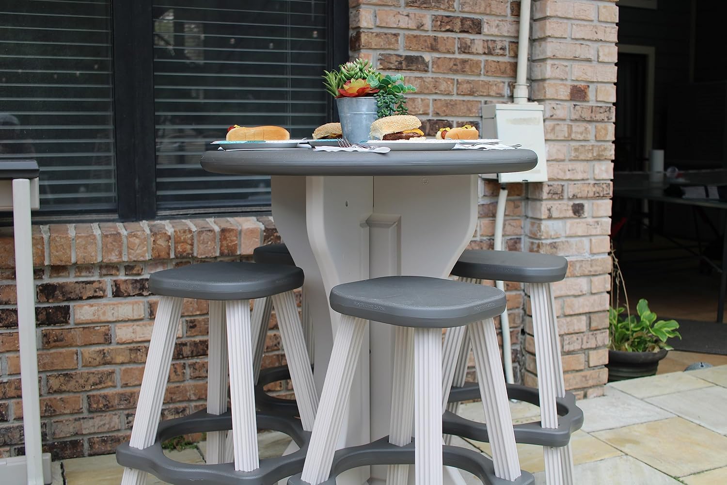 Patio Table Set with Four Barstools - Warm Grey Base with Deep Grey Accents - Perfect for Patio and Outdoor Spaces. Hardware Free Easy Assembly. Proudly Made in USA