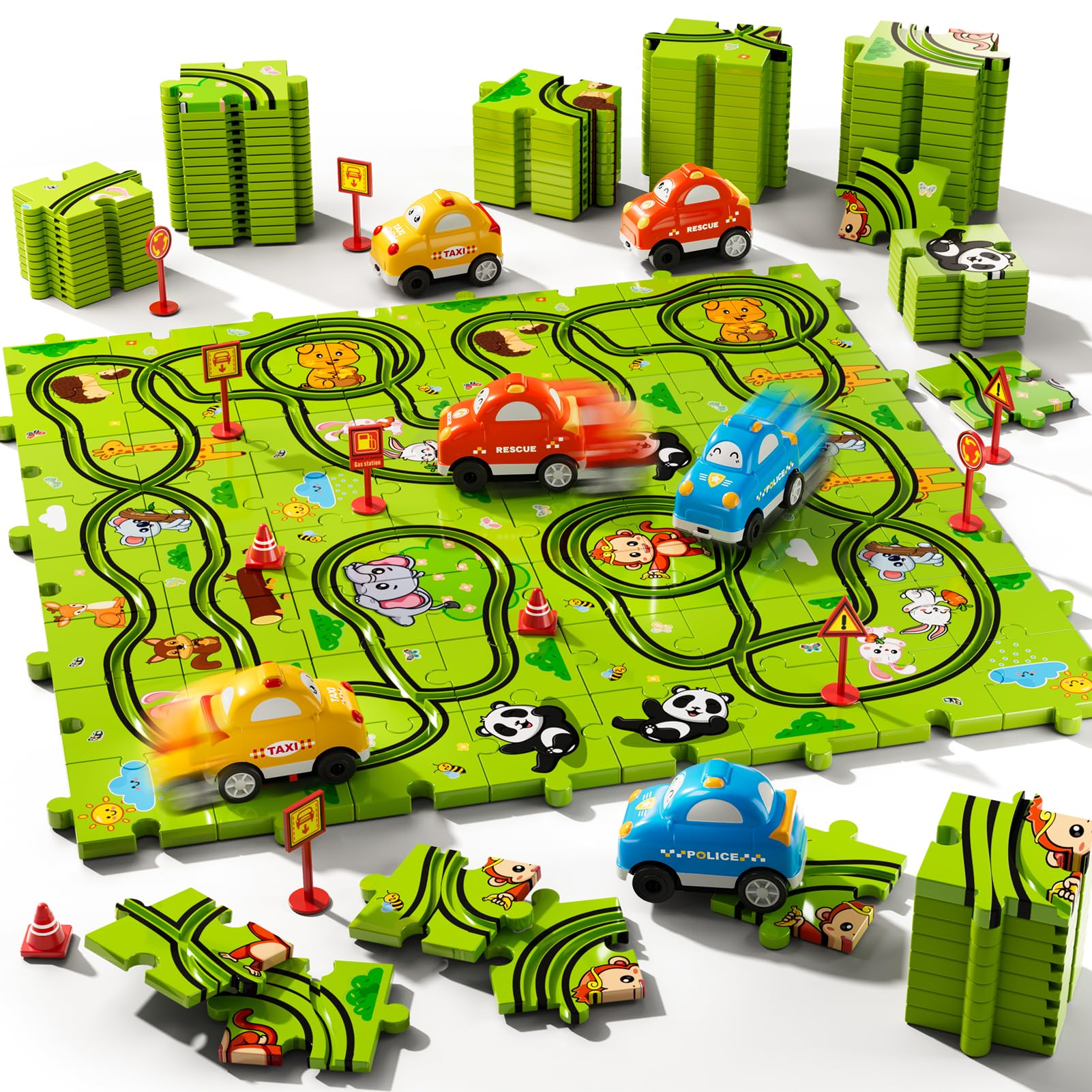 Beby Buty 64 PCS Puzzle Race Track Car Set for Kids Boys, Floor Puzzle Tracks Car Toys for Boys Ages 3-5 4-6, Toddler Toys Gifts for 3 4 5 Year Old Boys, Ideal 3 4 5 6 Year Old Birthday Gifts