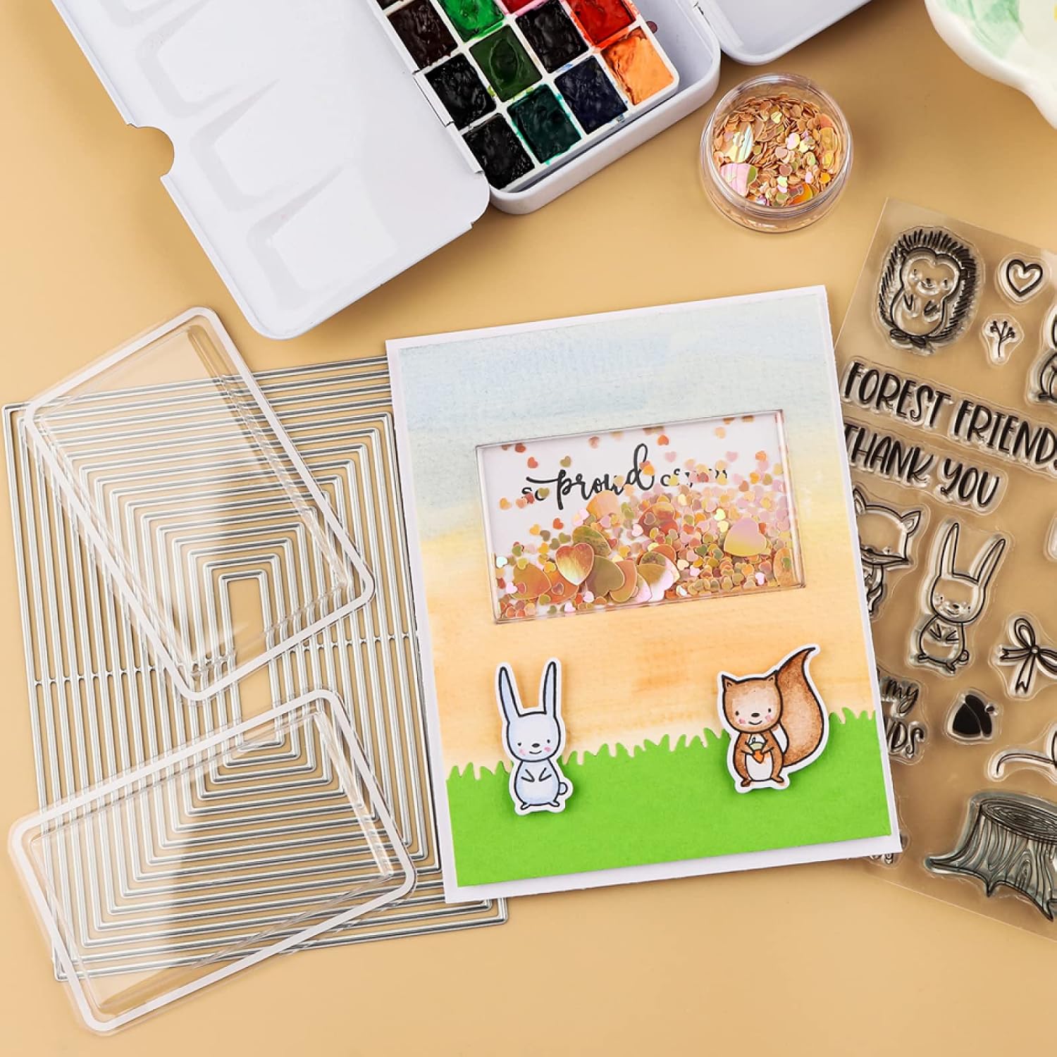 20 PCS Rectangle Shaker Covers Low Profile Plastic Clear Shaker Pourch Covers with 1 Rectangle Nested Cutting Dies Set Dimensional Shaker Clear Puffy Shaker Covers Window Blister Shaker Cards
