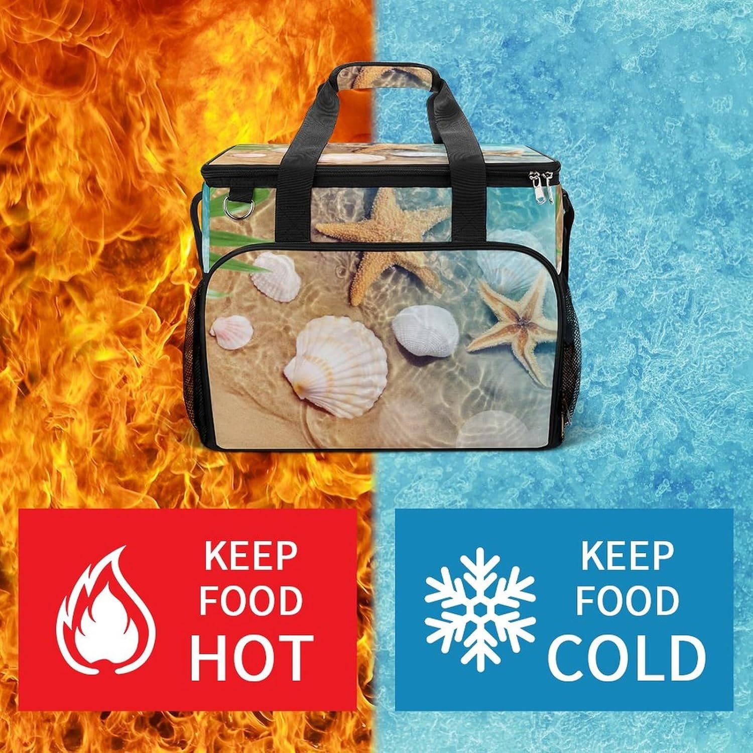 Insulated Picnic Backpack Tote Bag, Large Capacity 30L Seashell Starfish on Beach Cooler Bag Leakproof Beach Bags Portable Lunch Box Waterproof Picnic Basket for Beach Camping BBQ