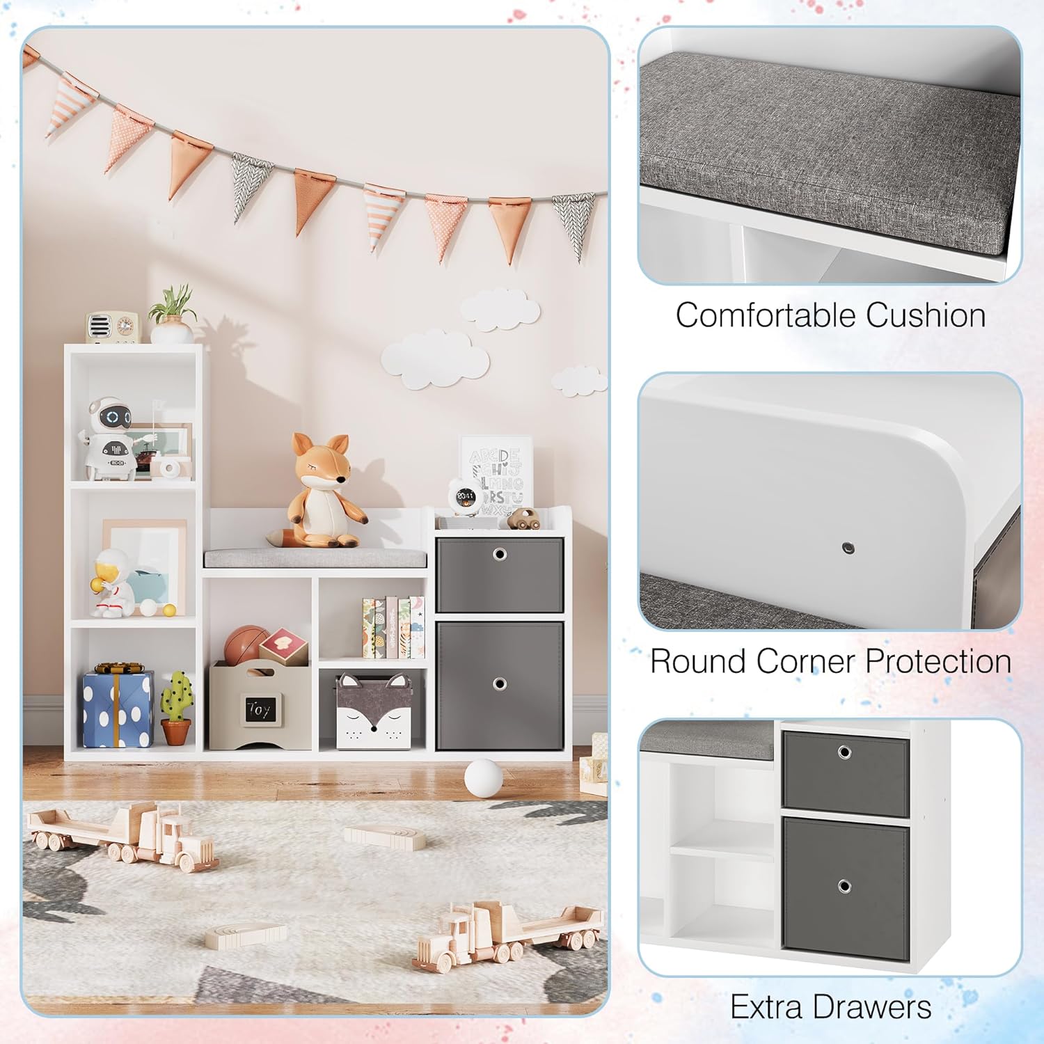 IDEALHOUSE 44 Inch Kids Bookshelf and Toy Storage with Reading Nook & Seat Cushion, Toy Storage Organizer with 6 Cubby and 2 Extra Drawers, Kids Reading Nook for Playroom Kid Room - Image 4