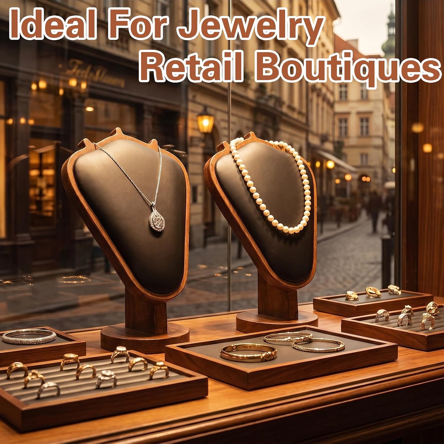 2 Pcs Vintage Necklace Display Stand - 8.3 x 5.5 x 3.35 Inches Black Leather Mannequin Jewelry Holder with Walnut Base for Wedding, Trade Shows, Boutique Decor