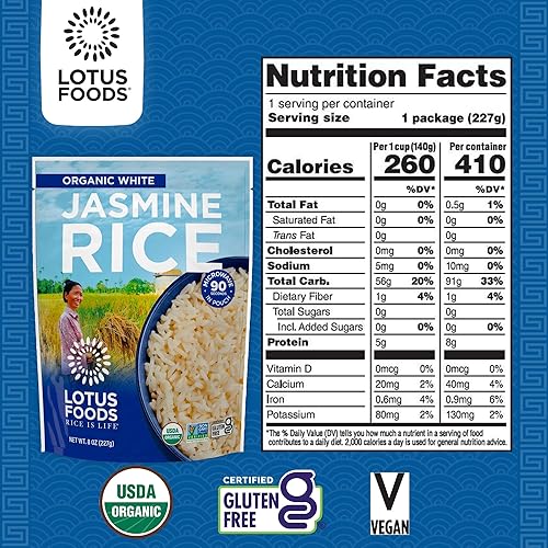 Miniatura 2 de Lotus Foods Bolsa de arroz orgánico White Jasmine Heat & Eat, 8 onzas, paquete de 6