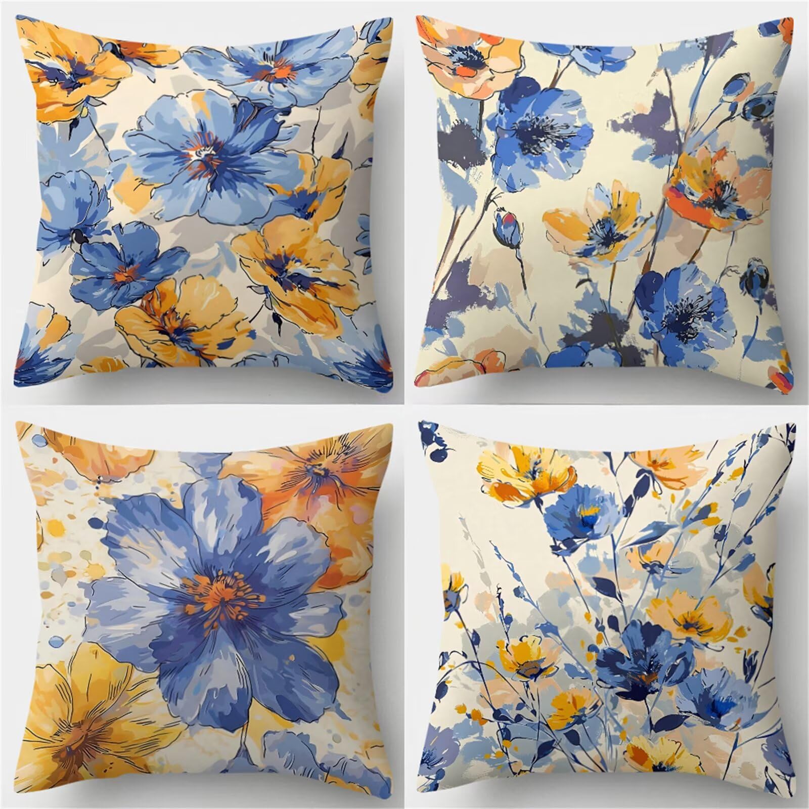 Fundas de Cojines 50x50 cm, Juego de 4 Fundas para Cojines Decorativas de Lino, Flores Amarillas Azules, Fundas de Almohada para Sofá, Silla y Decoración de Interiores