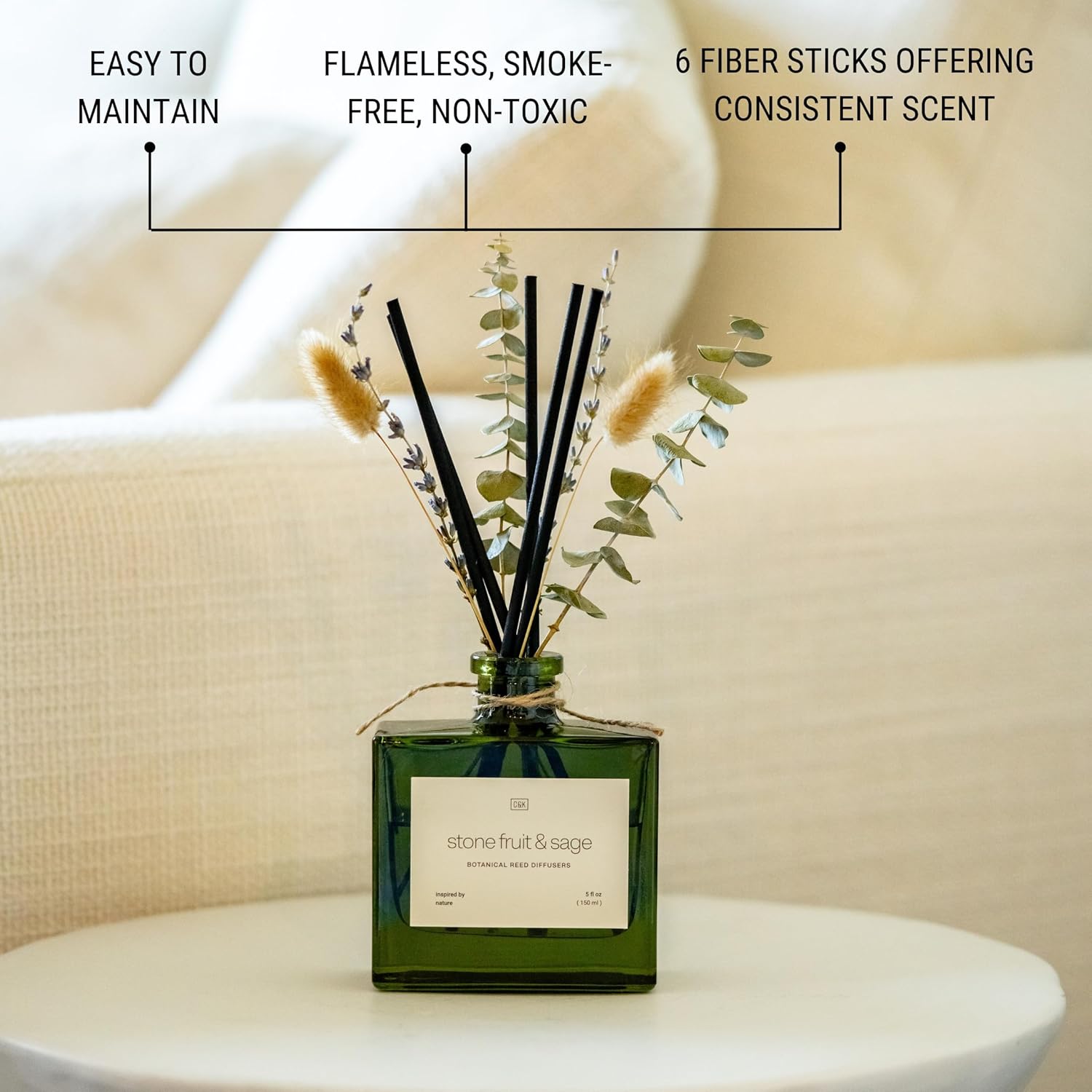 Craft & Kin Reed Diffuser with Dried Flowers | 5 oz Stone Fruit & Sage Scented Holiday Reed Diffusers for Home, Bathroom | Scent Sticks | Elegant Fragrance Home Decor for Men & Women - Image 6