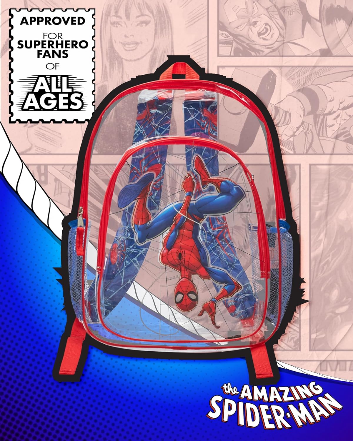 Fast Forward Spiderman Backpack - Water Resistant Clear Backpack for Kids School Bag with Padded Straps and Side Pockets, Size One Size, Blue Spiderman