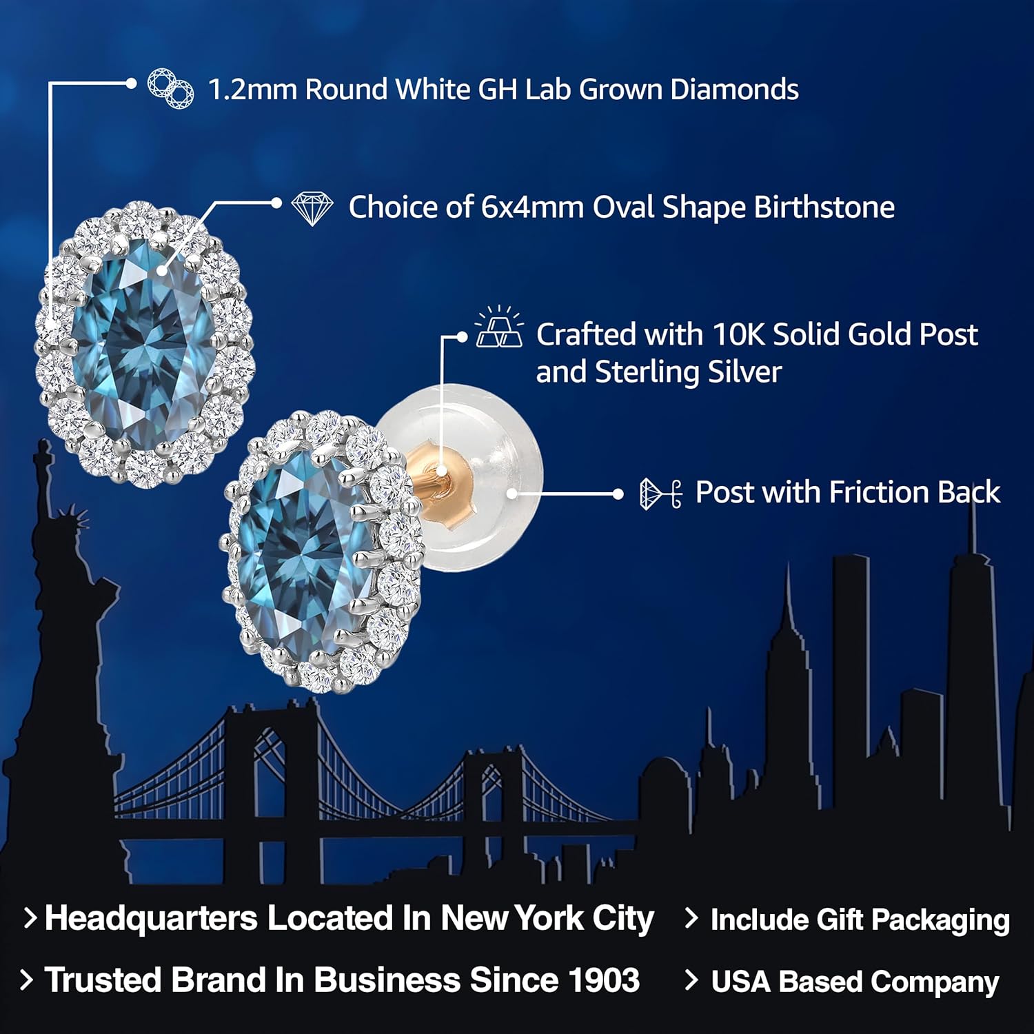 Gem Stone King 10K Solid Gold Post and Sterling Silver Customized and Personalized 6X4MM Oval Gemstone Birthstone and White Lab Grown Diamond Halo Earrings For Women - Image 2