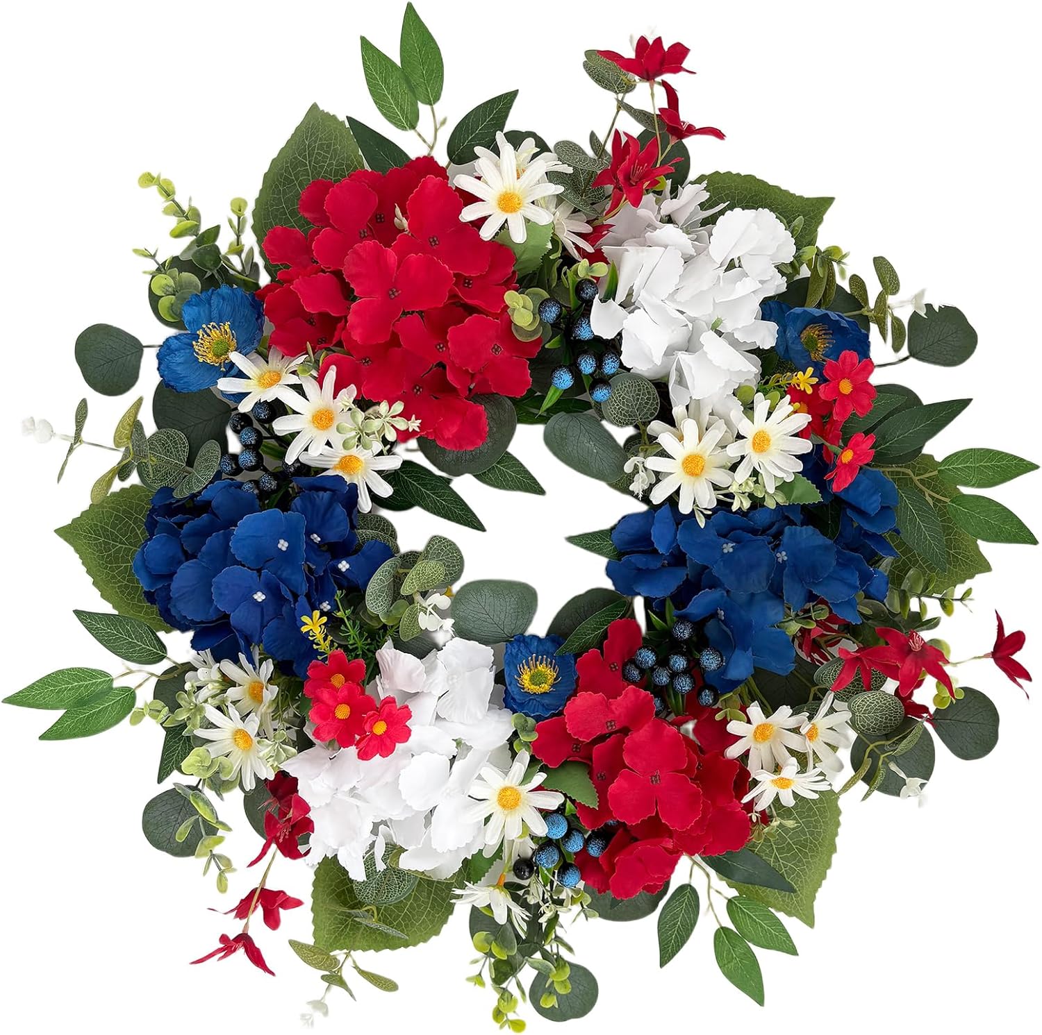 20 Inch 4th of July Wreath, Patriotic Wreaths for Front Door, Red White Blue Hydrangea Flower Wreaths with Daisy for Memorial Day,Independence Day Wreath for Front Door Wall Window Decor