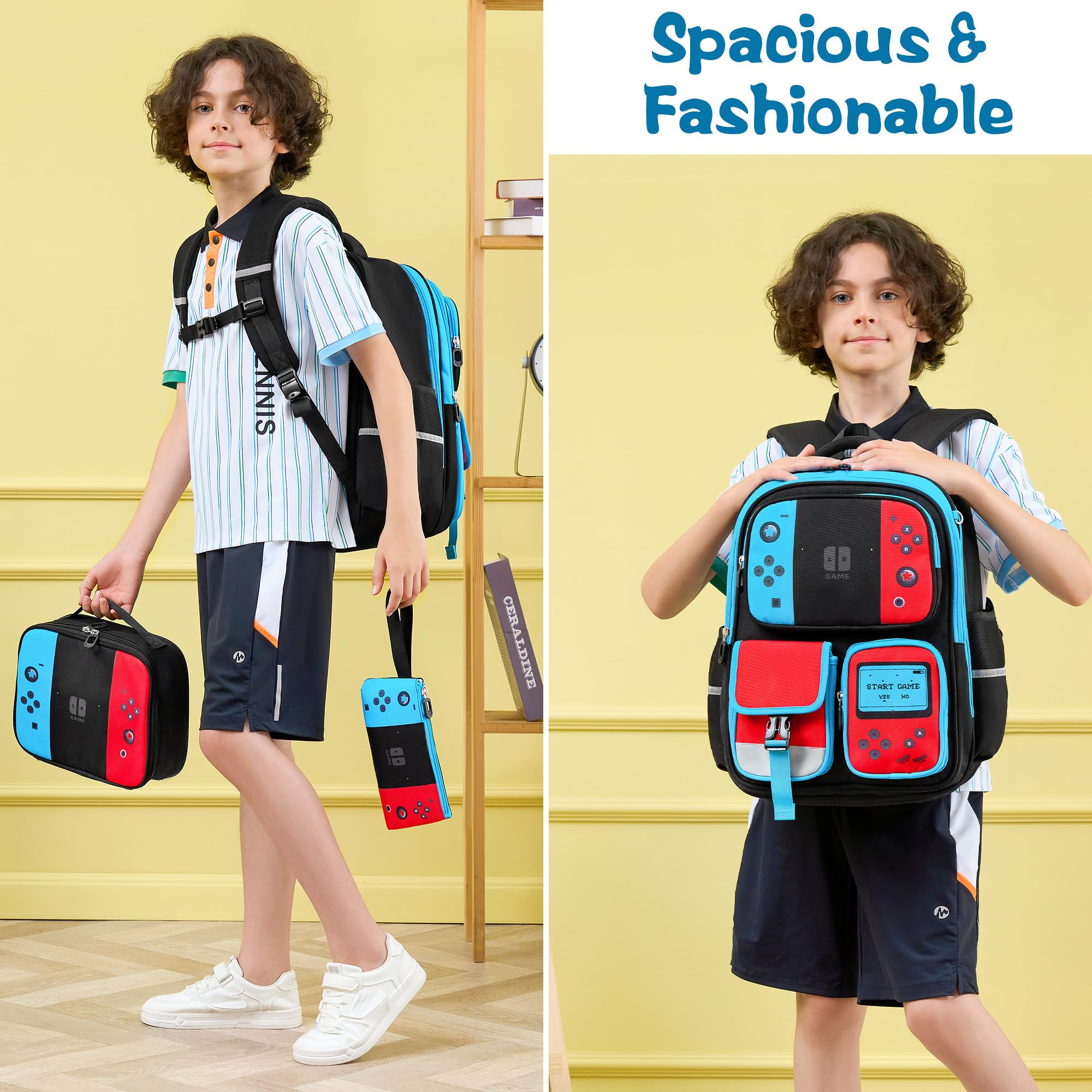 Fimibuke Kinder-Rucksack für Schule, Jungen, 3 Stück, Gamer-Rucksack mit Lunchbox und Federmäppchen, Gaming, Schule, Büchertasche, Teenager, Kinder