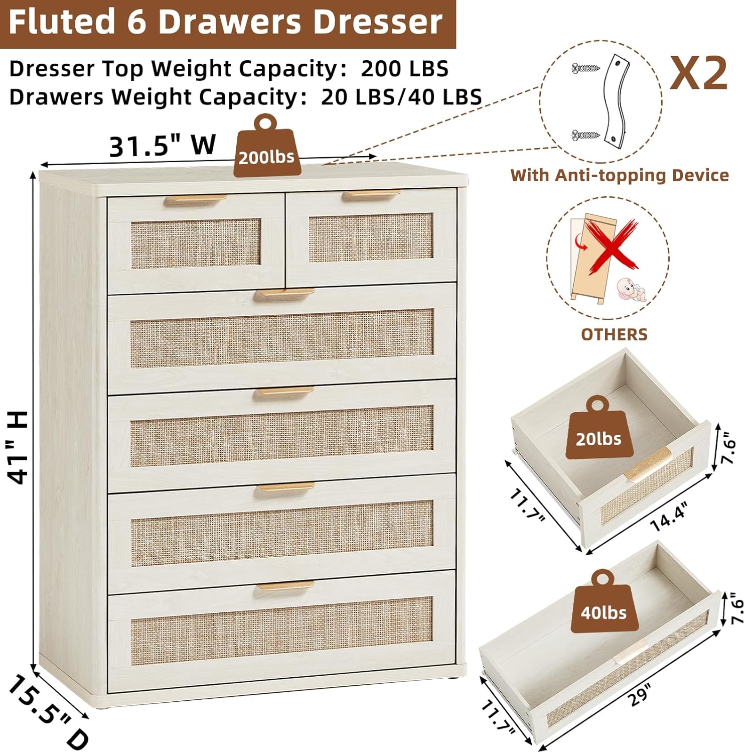 LEYAOYAO White Dresser for Bedroom, 41" Tall Chest of Drawers, Modern 6 Drawers Boho Rattan Dressers with Storage, Dresser Wooden Closet Organizer for Living Room, Hallway