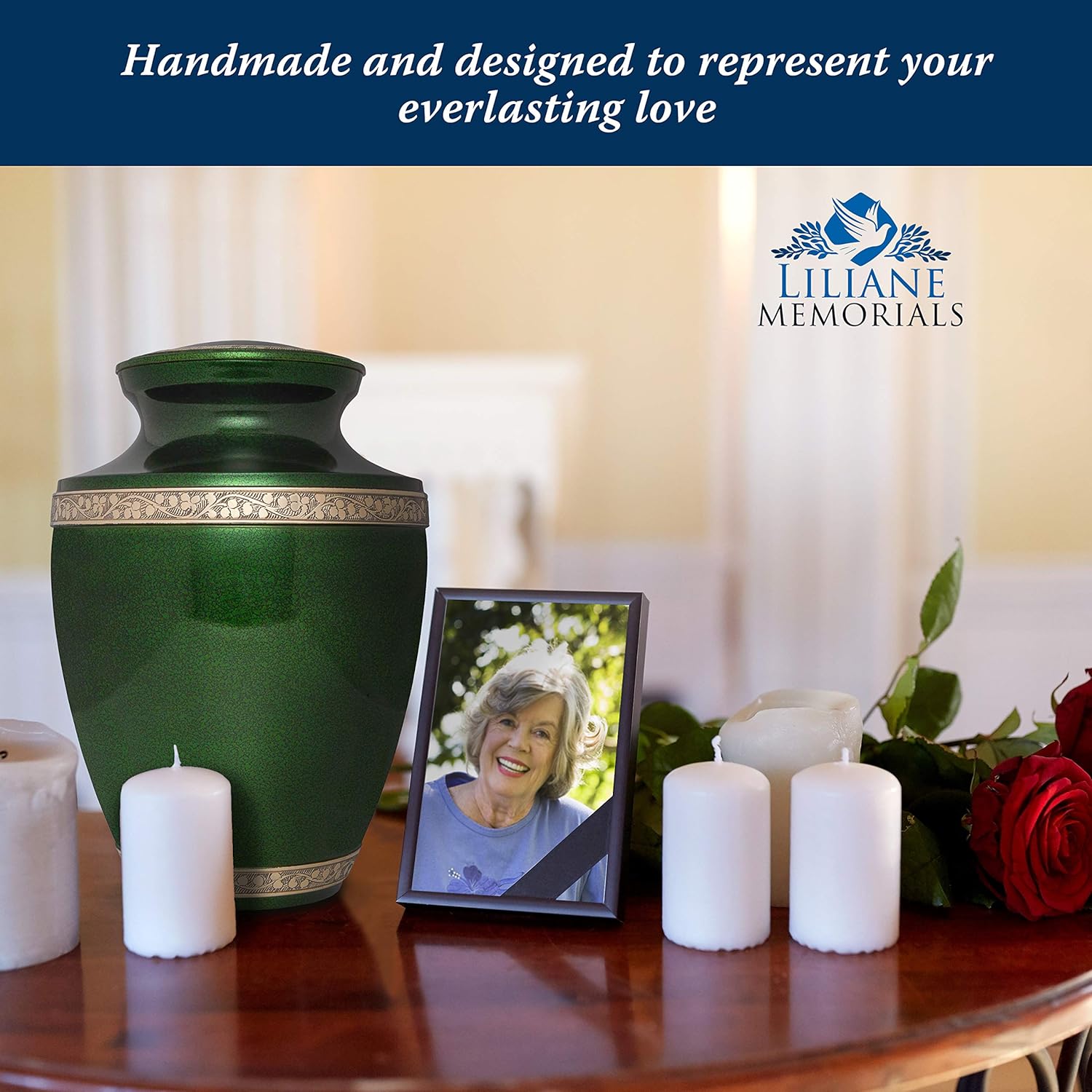 Liliane Memorials Green Funeral Urn Cremation Urn for Human Ashes - Hand Made in Brass - Suitable for Cemetery Burial or Niche - Large Size fits remains of Adults up to 200 lbs - Torino Model