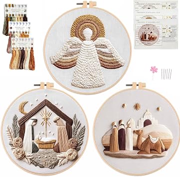 Myfelicity Embroidery kit,Adults Set,Nativity Scene Embroidery Hoop Art Set, Religious Christmas Theme, 3-Piece Collection with Angels and Manger Scene in White Embroidery Cloth