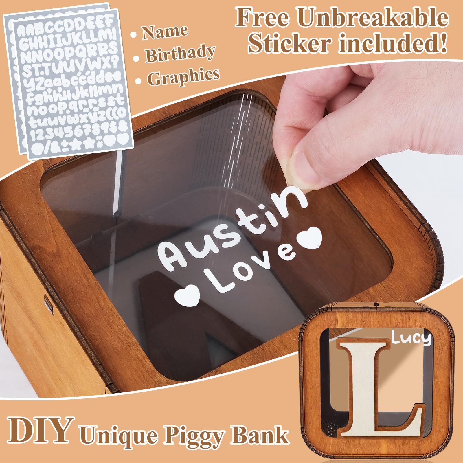Spardose Personalisierte für Kinder, A-Z Alphabet Sparbüchse Holz Spardose, Dekoration Kreative groß Sparschwein als Geschenke für Junge, Mädchen, Erwachsene, Geburtstag (L)