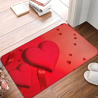 Romantic Red Hearts and Ribbons for Valentines Day Flannel Bath Mat Washable Floor Rug for Bathroom Kitchen Bedroom Indoor Mat 24X16Inch