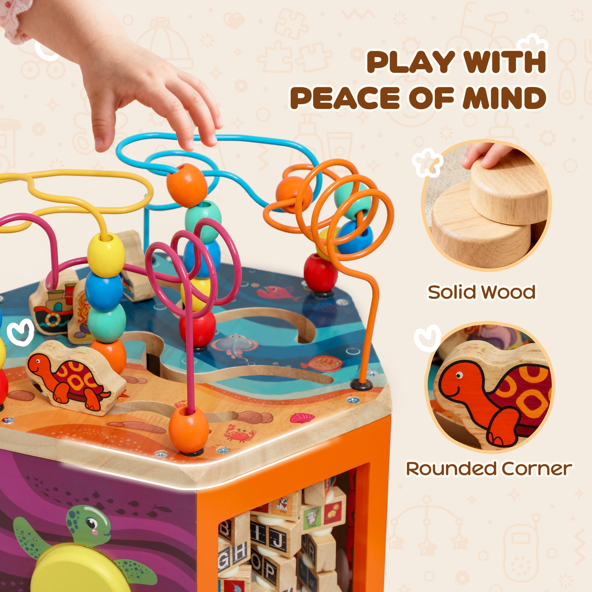 AIYAPLAY Wooden Activity Cube, Montessori Baby Toys with Bead Maze, Pattern Sorter, Early Educational Sensory Toys, Birthday Gift for Toddlers Boys and Girls 18+ Months