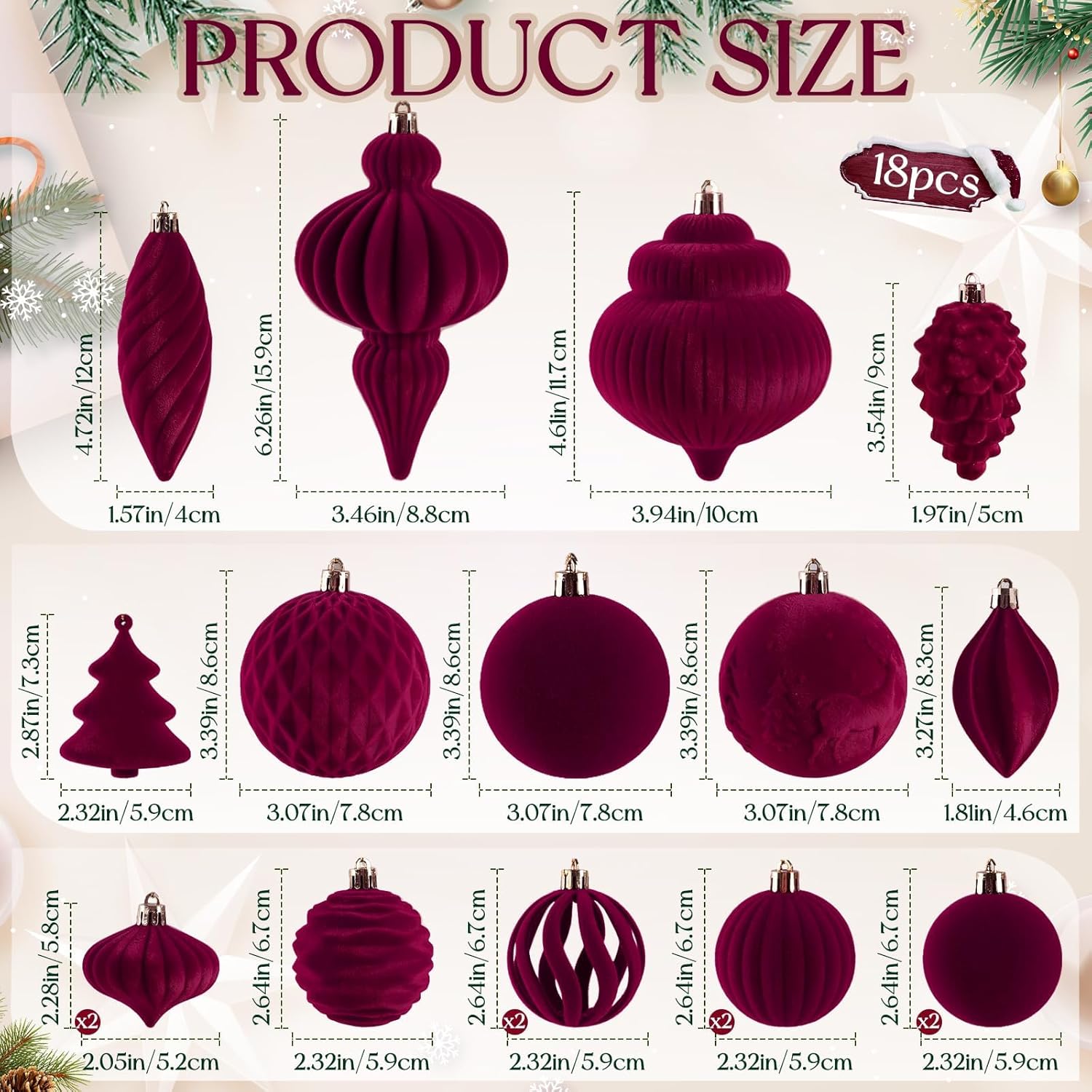 18Pcs Velvet Christmas Tree Ornaments Set, Wine Red Shatterproof Flocked Christmas Decorations Bulk for Tree, Burgundy Decorative Hanging Ball Ornaments for Xmas Holiday Home Party Decor