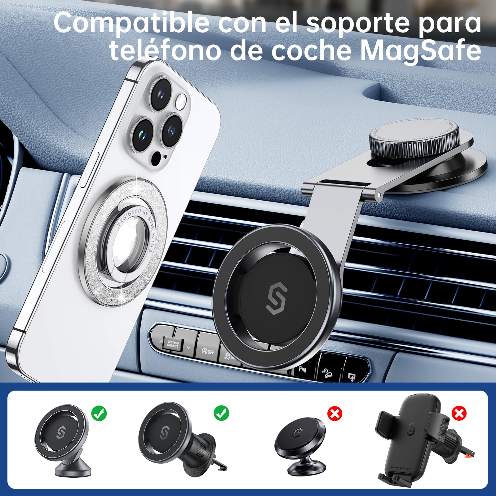 Syncwire Soporte Magnético para Teléfono para MagSafe, Sostenedor de Anillo Magnético para Teléfono, Rotativa Accesorios MagSafe Removibles para iPhone 16 Pro MAX 15 14 13 Android- Diamante Brillante