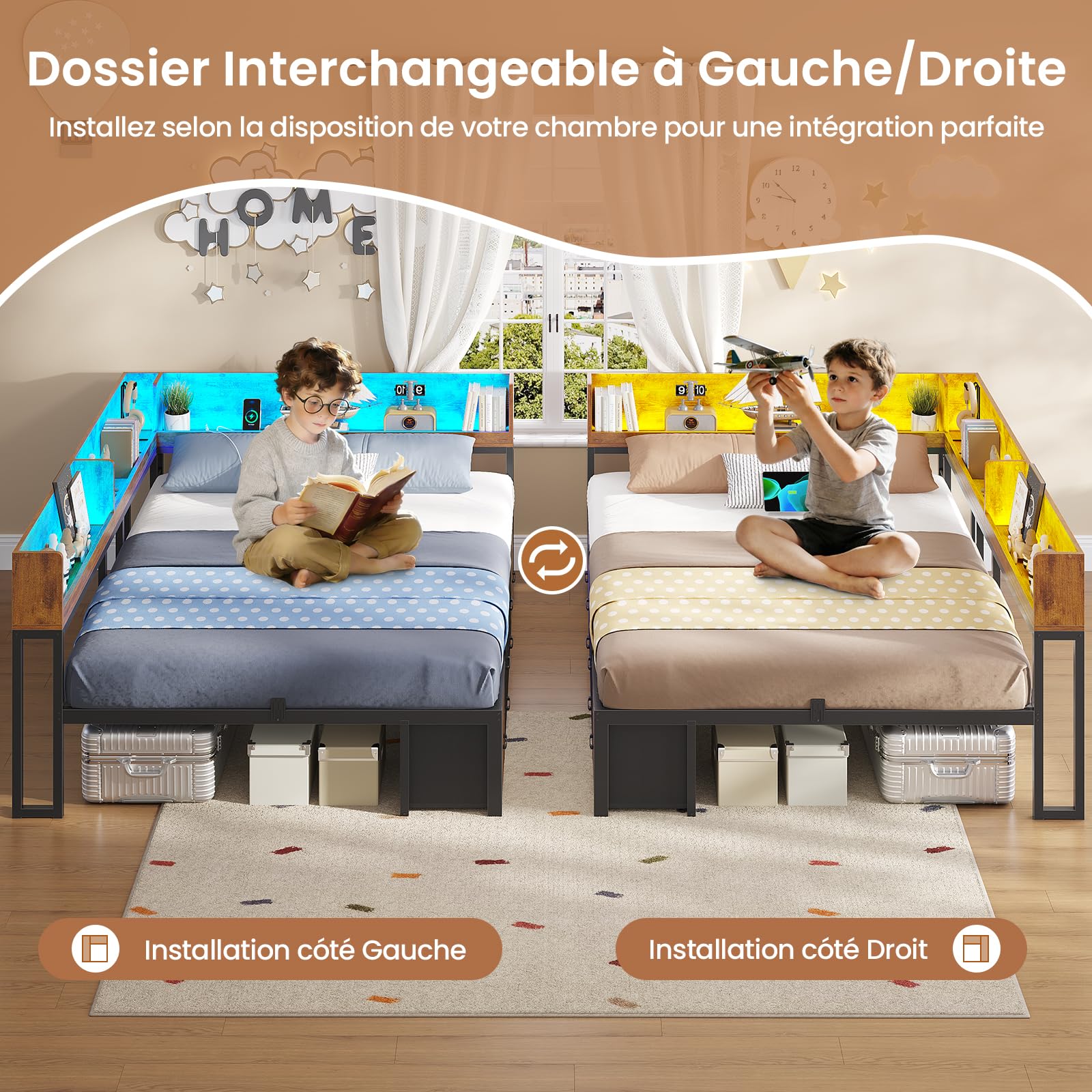 AOGLLATI Canapé Lit avec Dossier Réversible, Éclairage LED et Multiprise, Lit 140x190 avec Sommier en Métal, 3 Niches Ouvertes et 4 Tiroirs sous Sommier 140x190, Canapé Convertible Marron Vintage